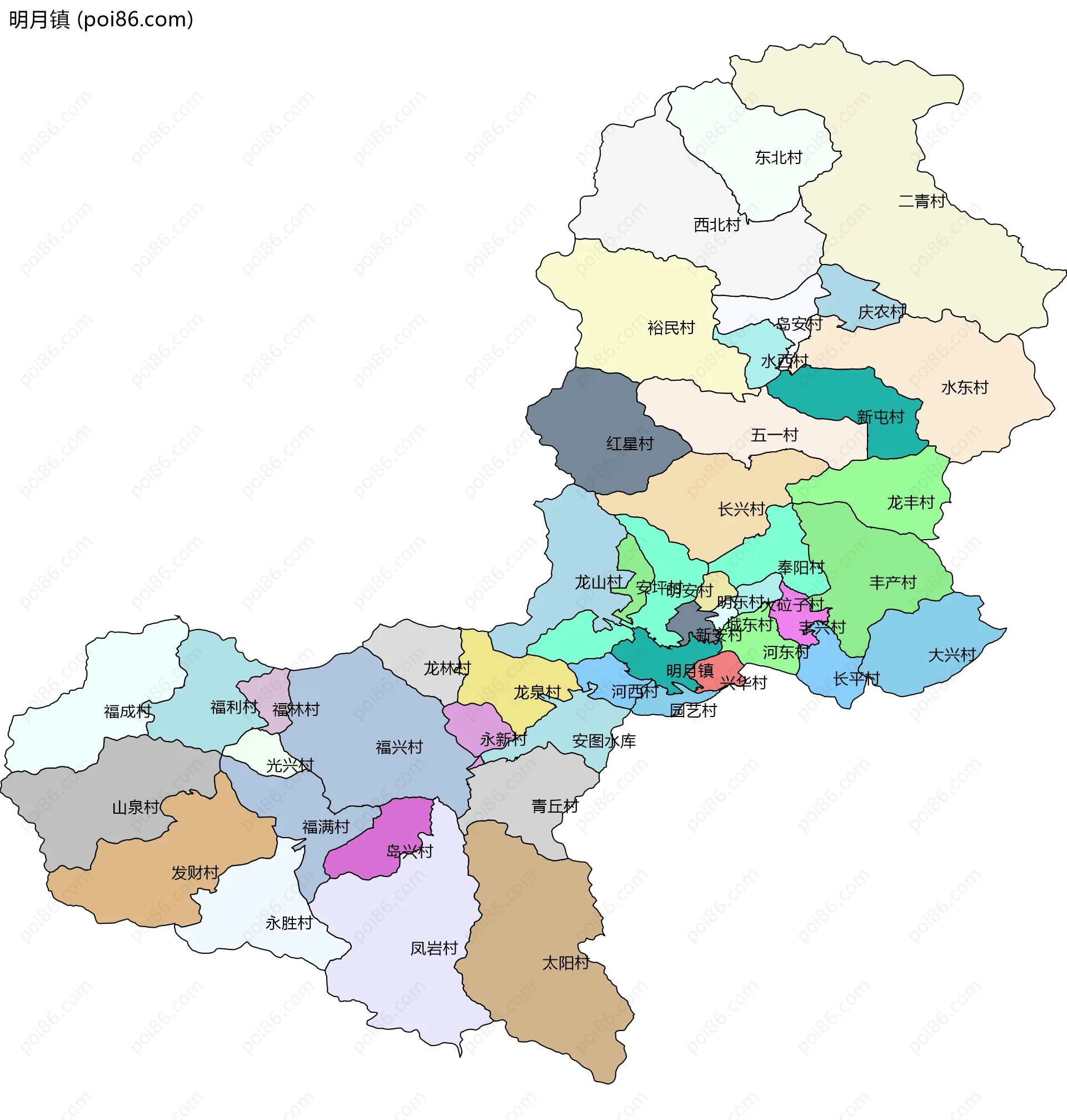 明月镇边界地图(五级行政区划)