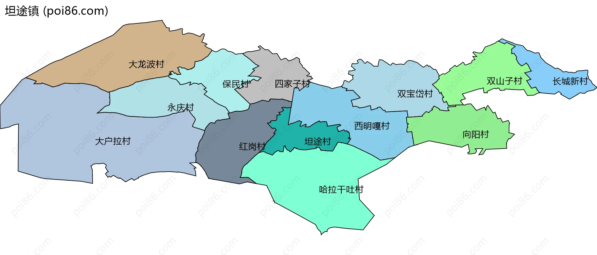 坦途镇边界地图(五级行政区划)