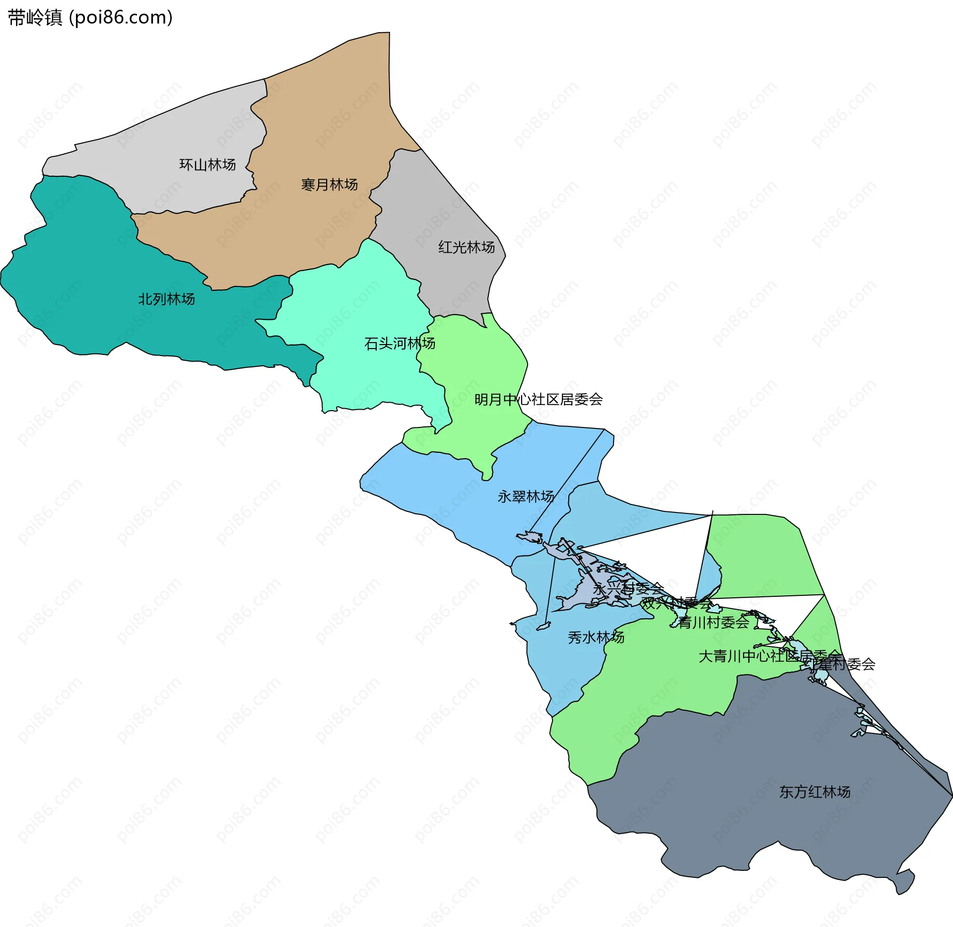 带岭镇边界地图(五级行政区划)
