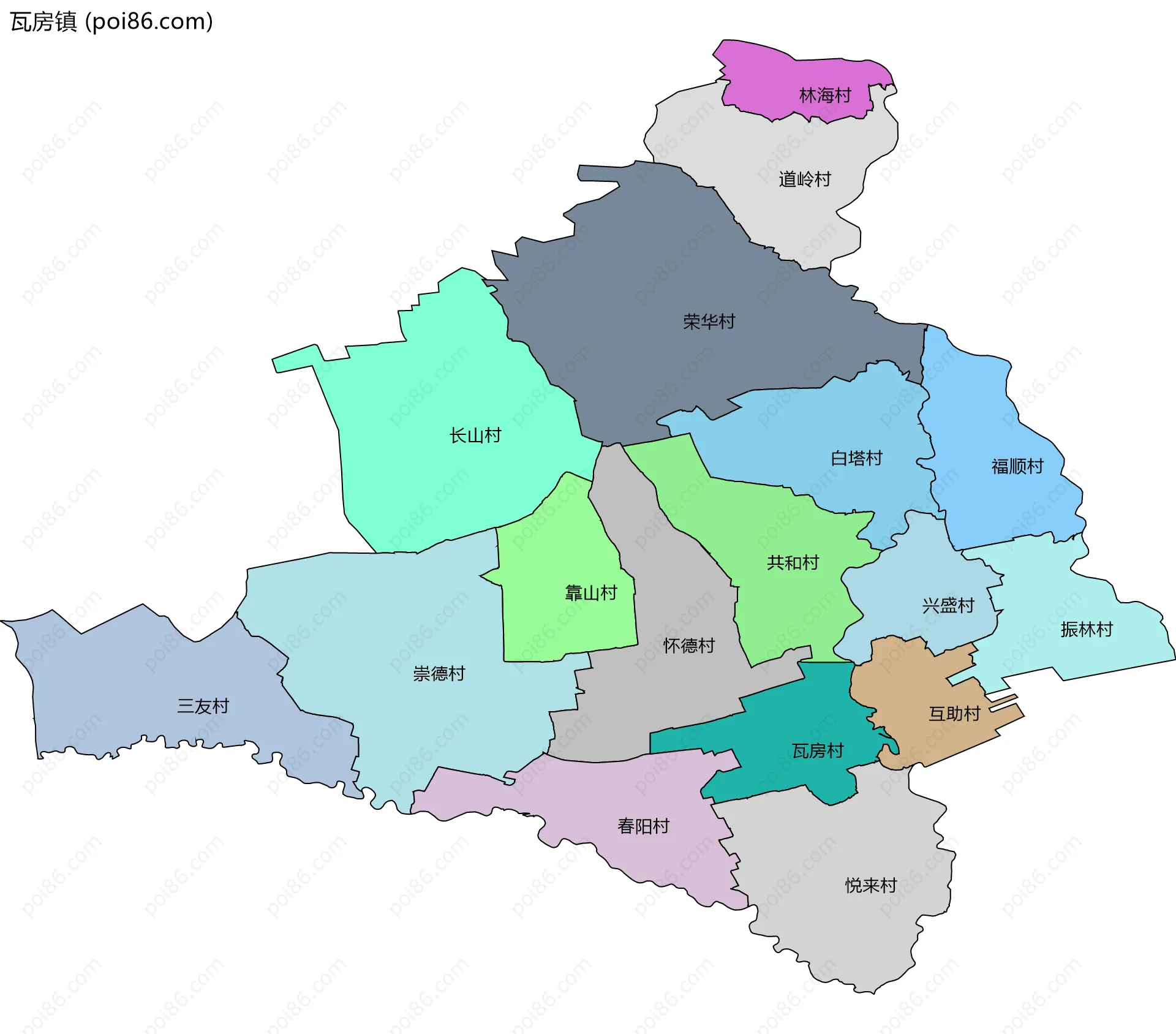 瓦房镇边界地图(五级行政区划)