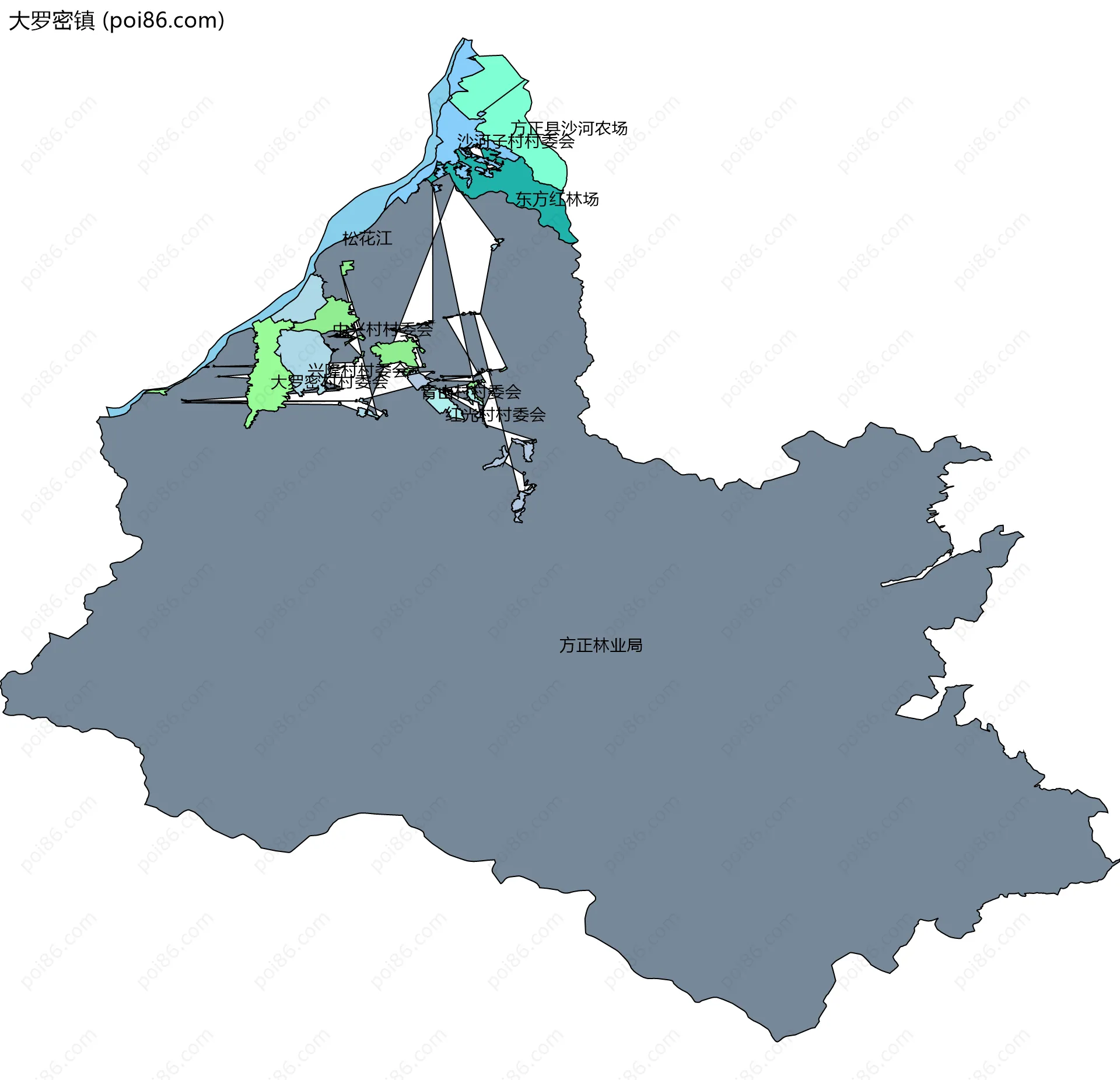 大罗密镇边界地图(五级行政区划)