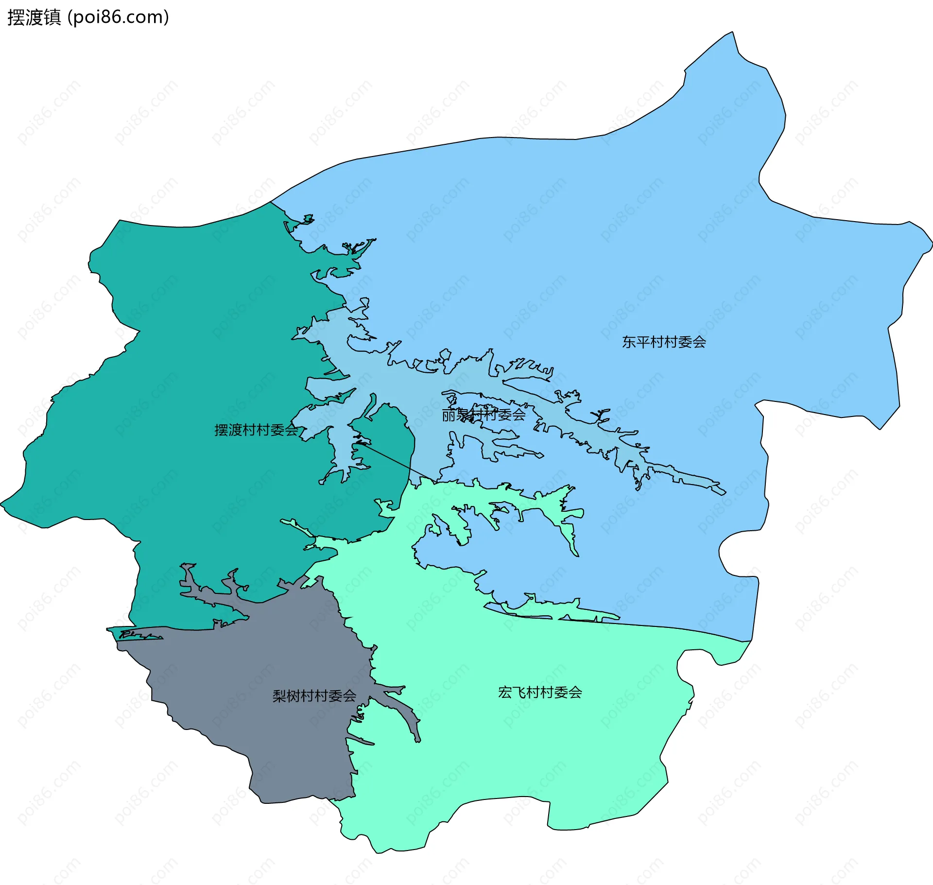摆渡镇边界地图(五级行政区划)