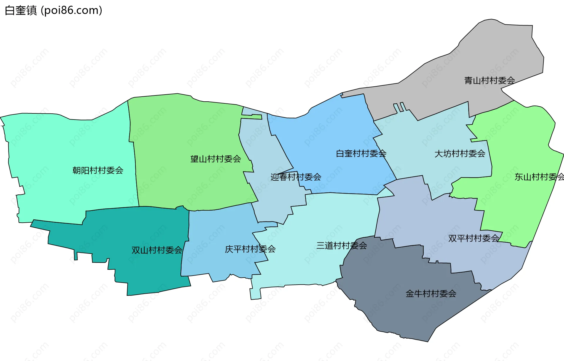白奎镇边界地图(五级行政区划)