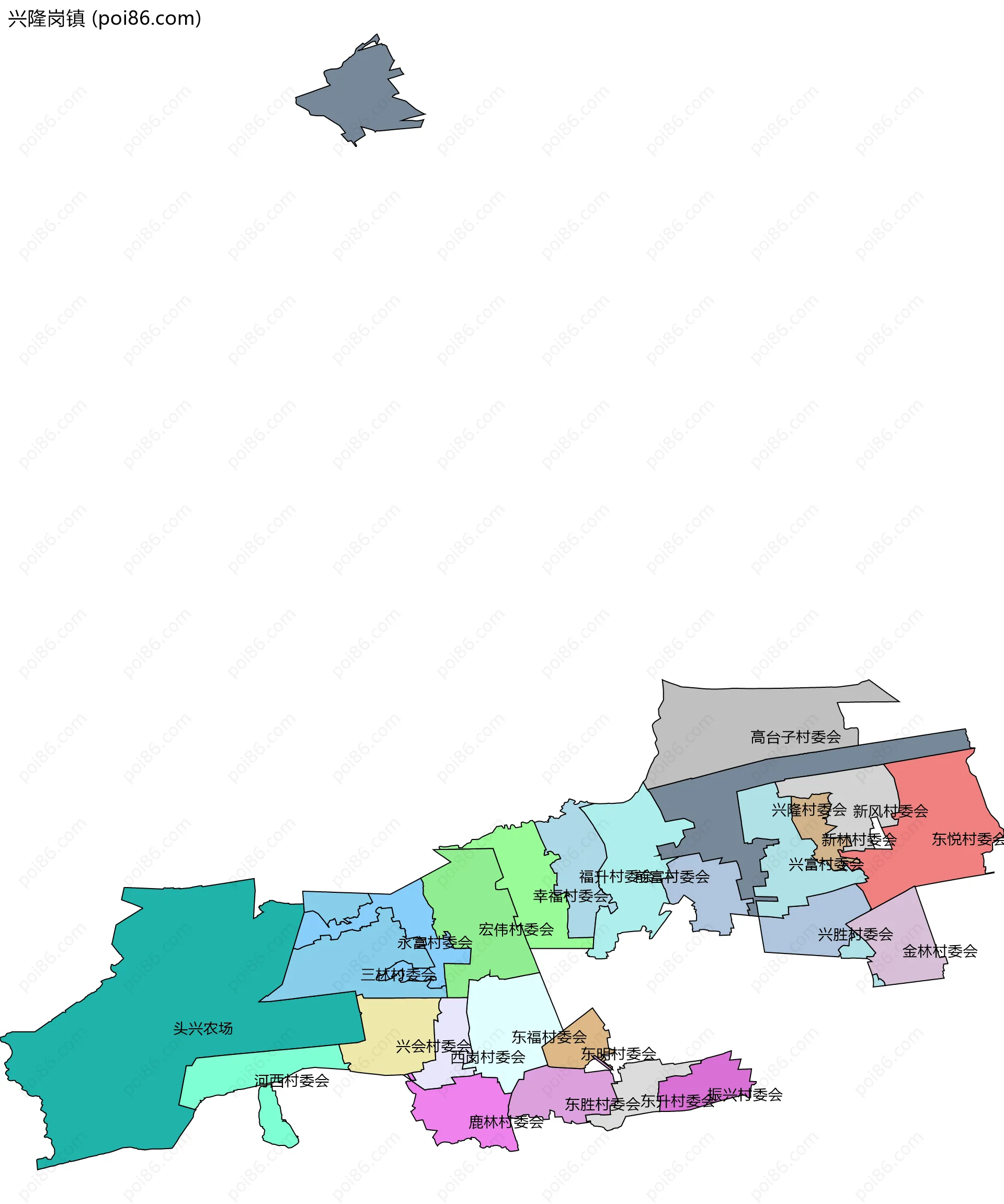 兴隆岗镇边界地图(五级行政区划)