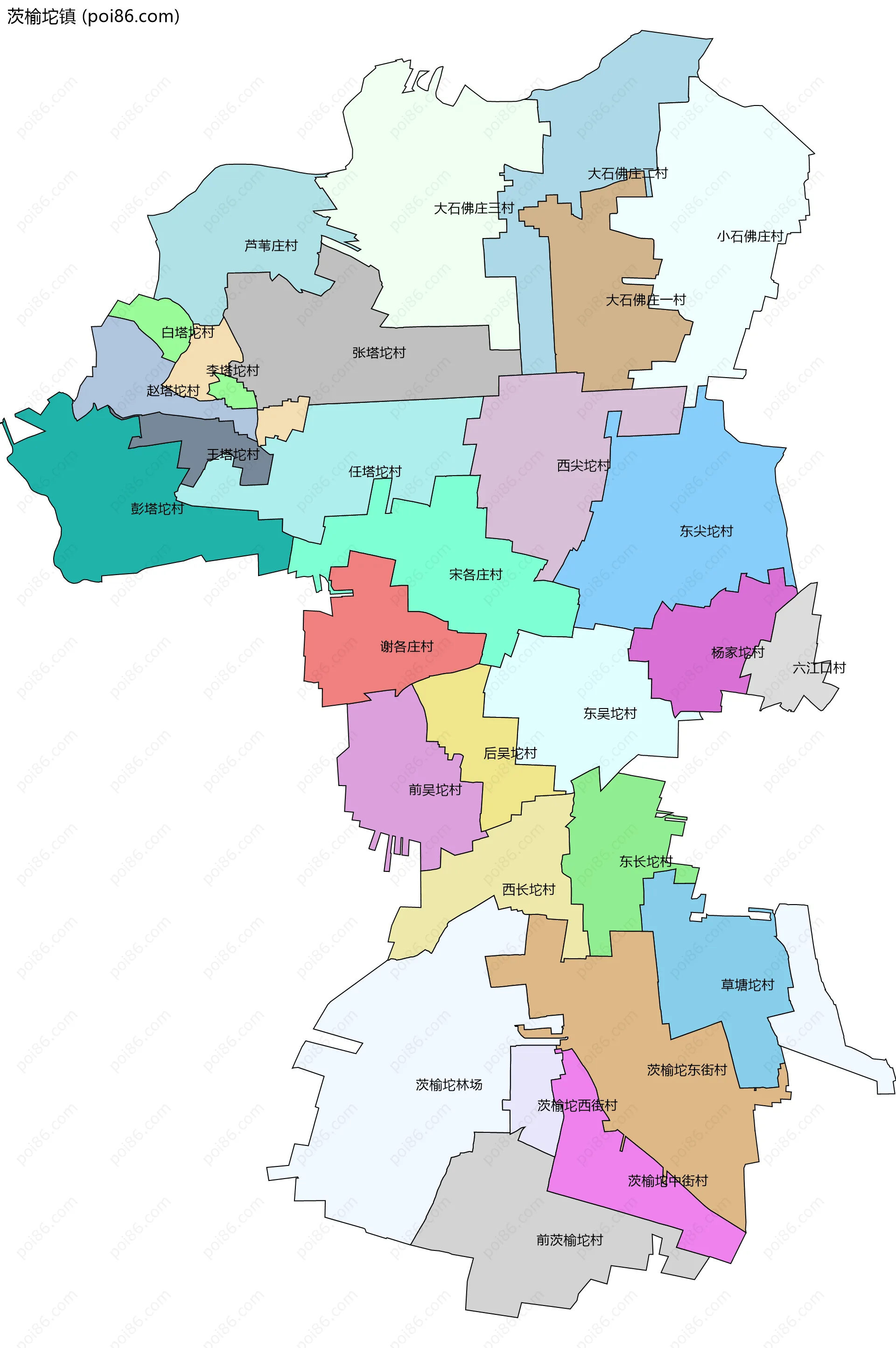 茨榆坨镇边界地图(五级行政区划)