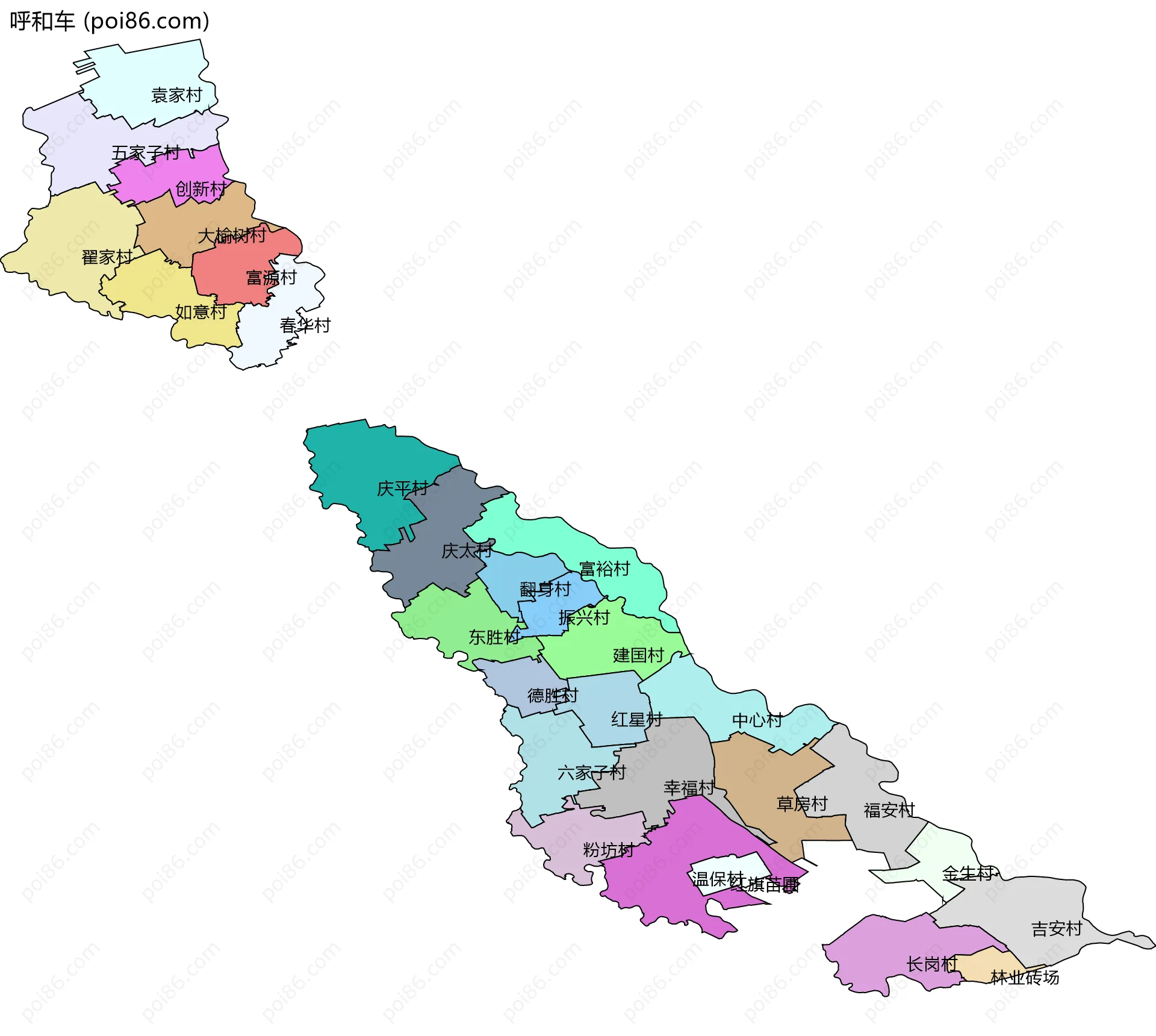 呼和车边界地图(五级行政区划)