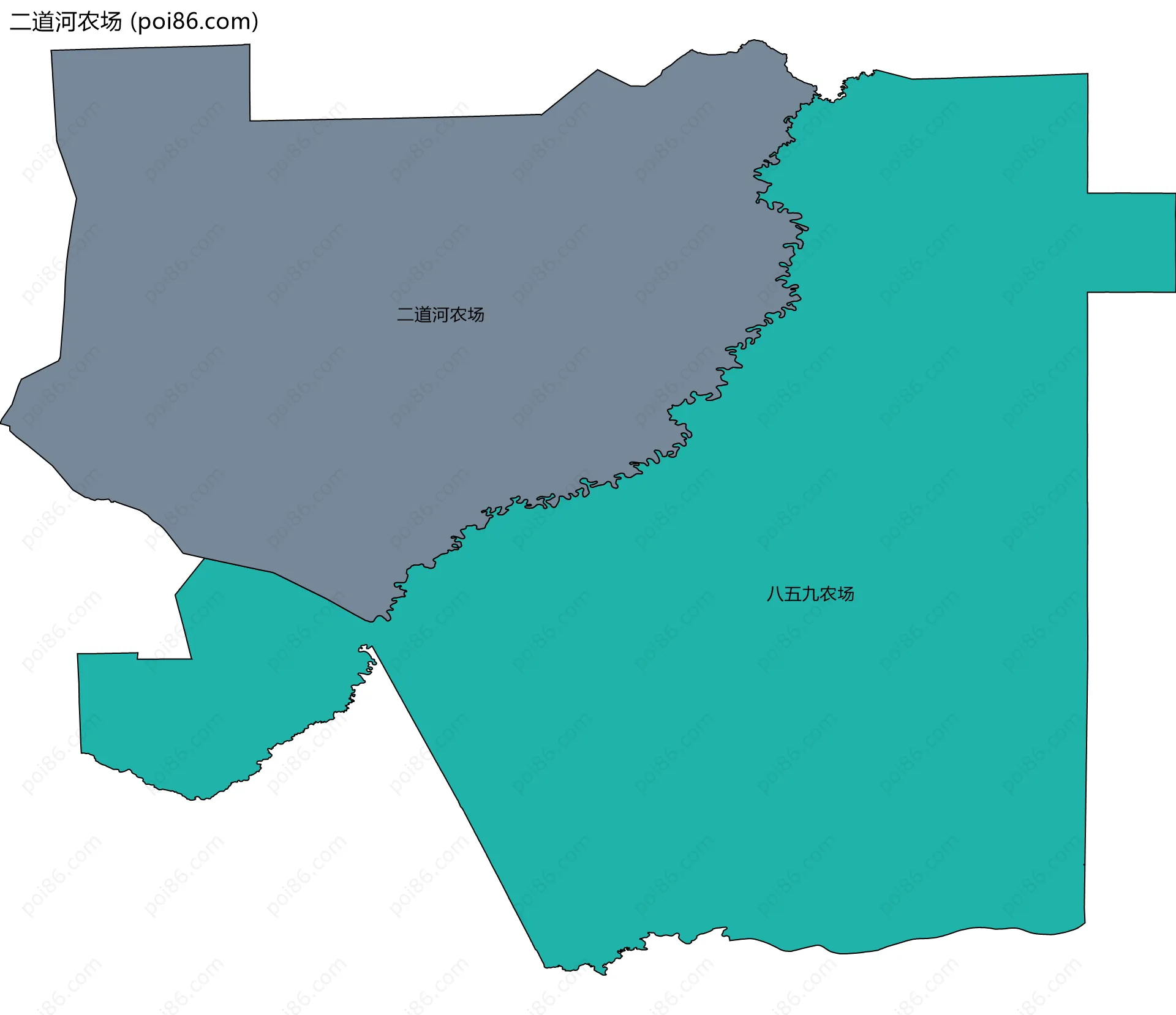 二道河农场边界地图(五级行政区划)