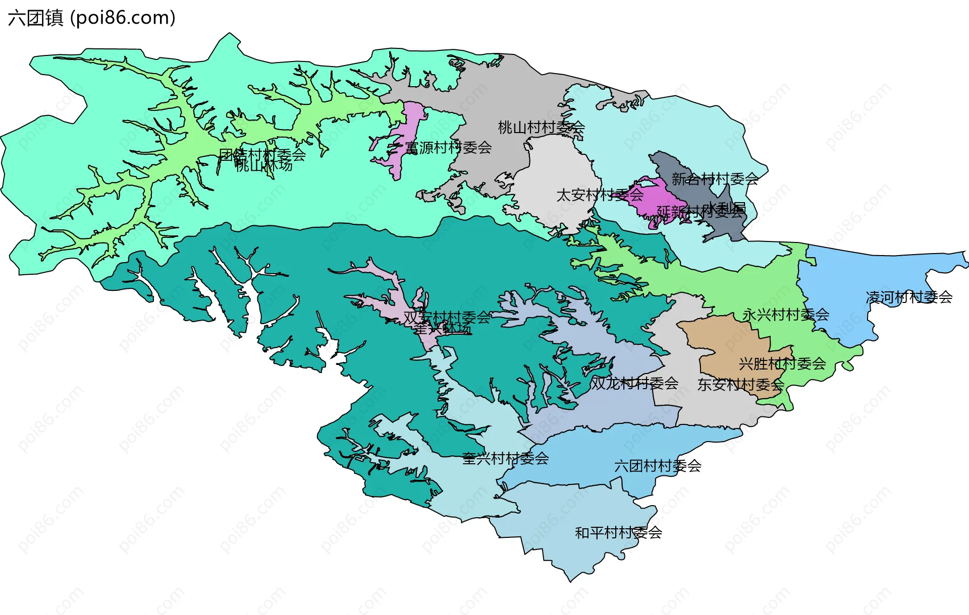 六团镇边界地图(五级行政区划)