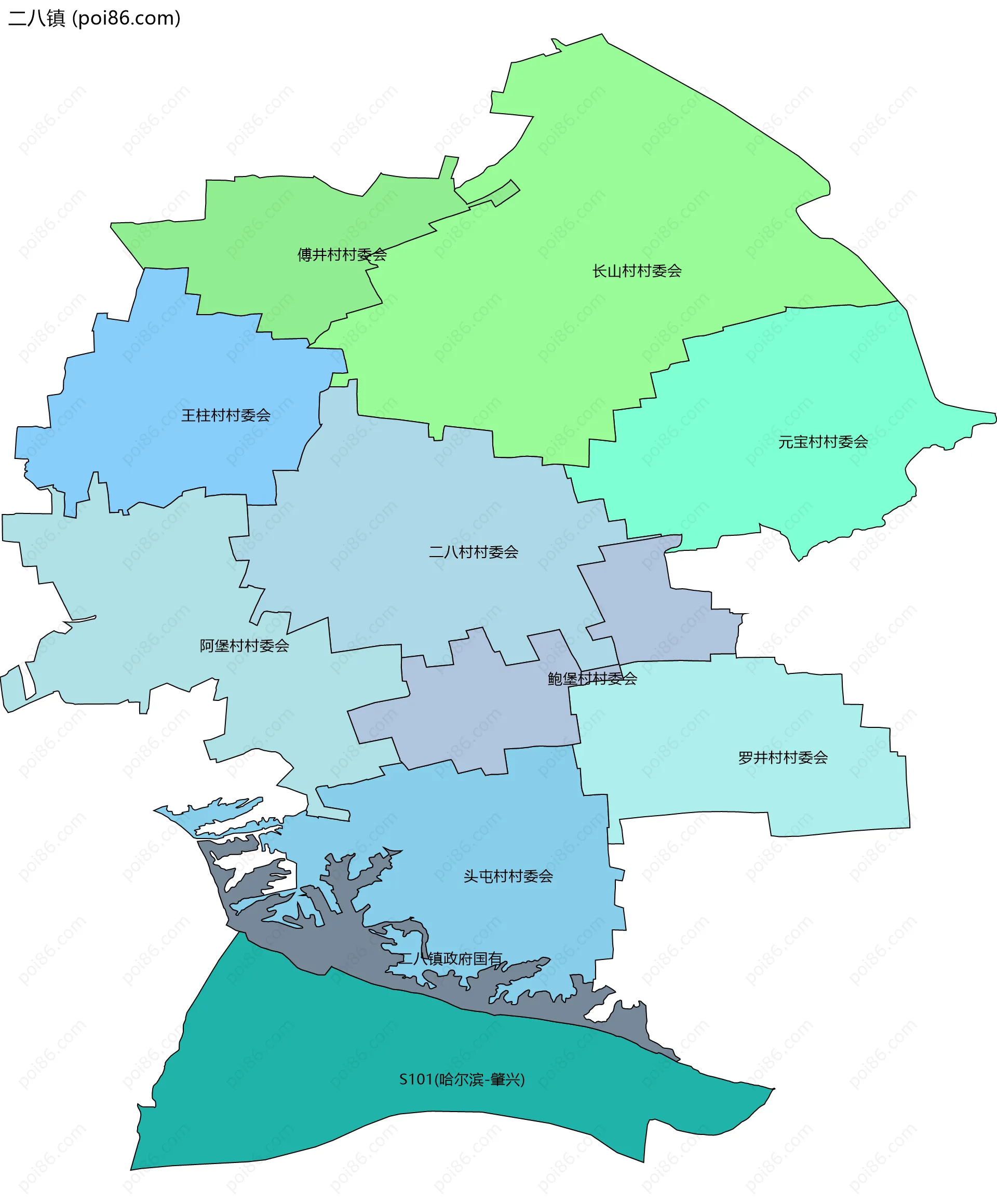 二八镇边界地图(五级行政区划)