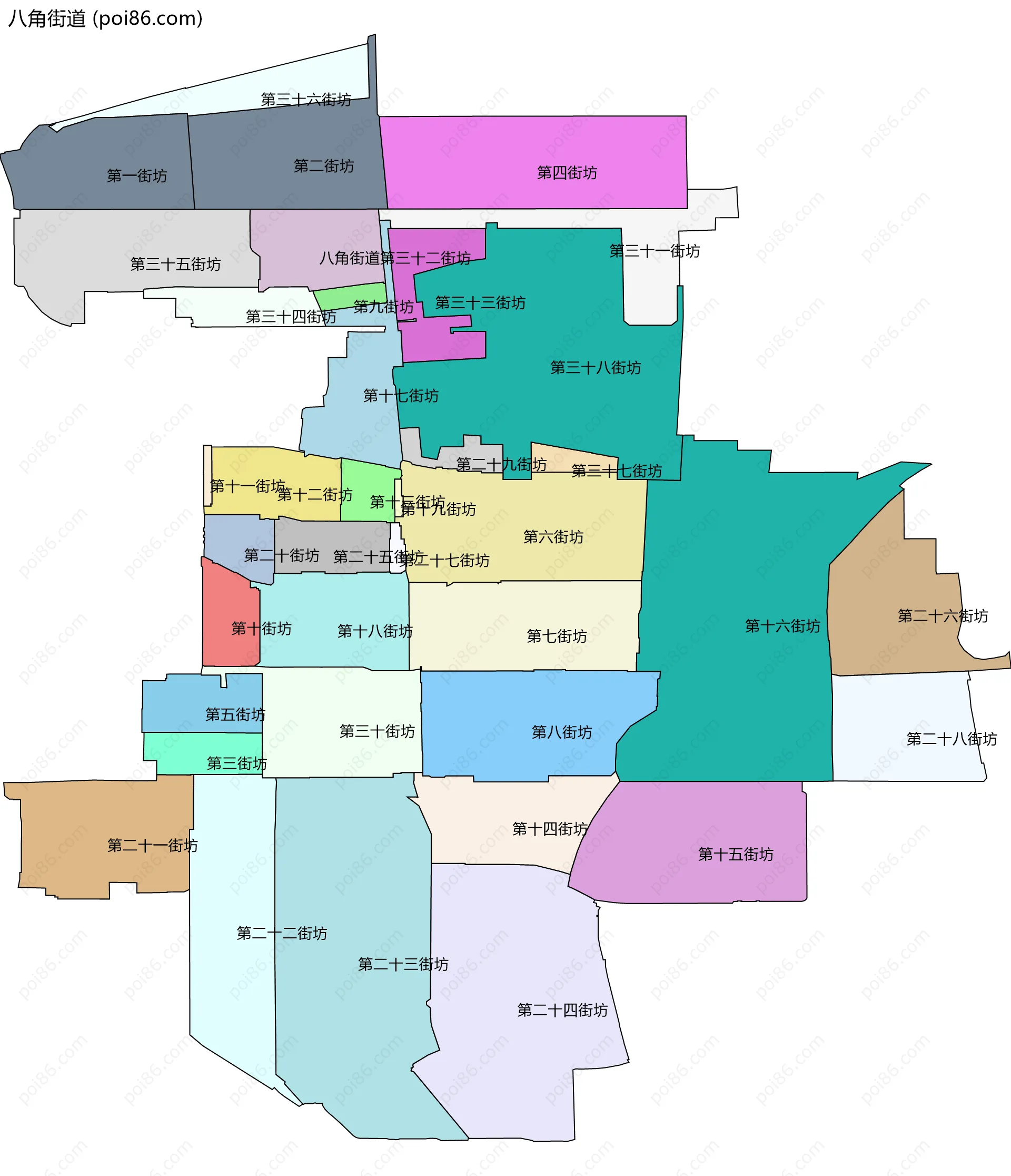 八角街道边界地图(五级行政区划)