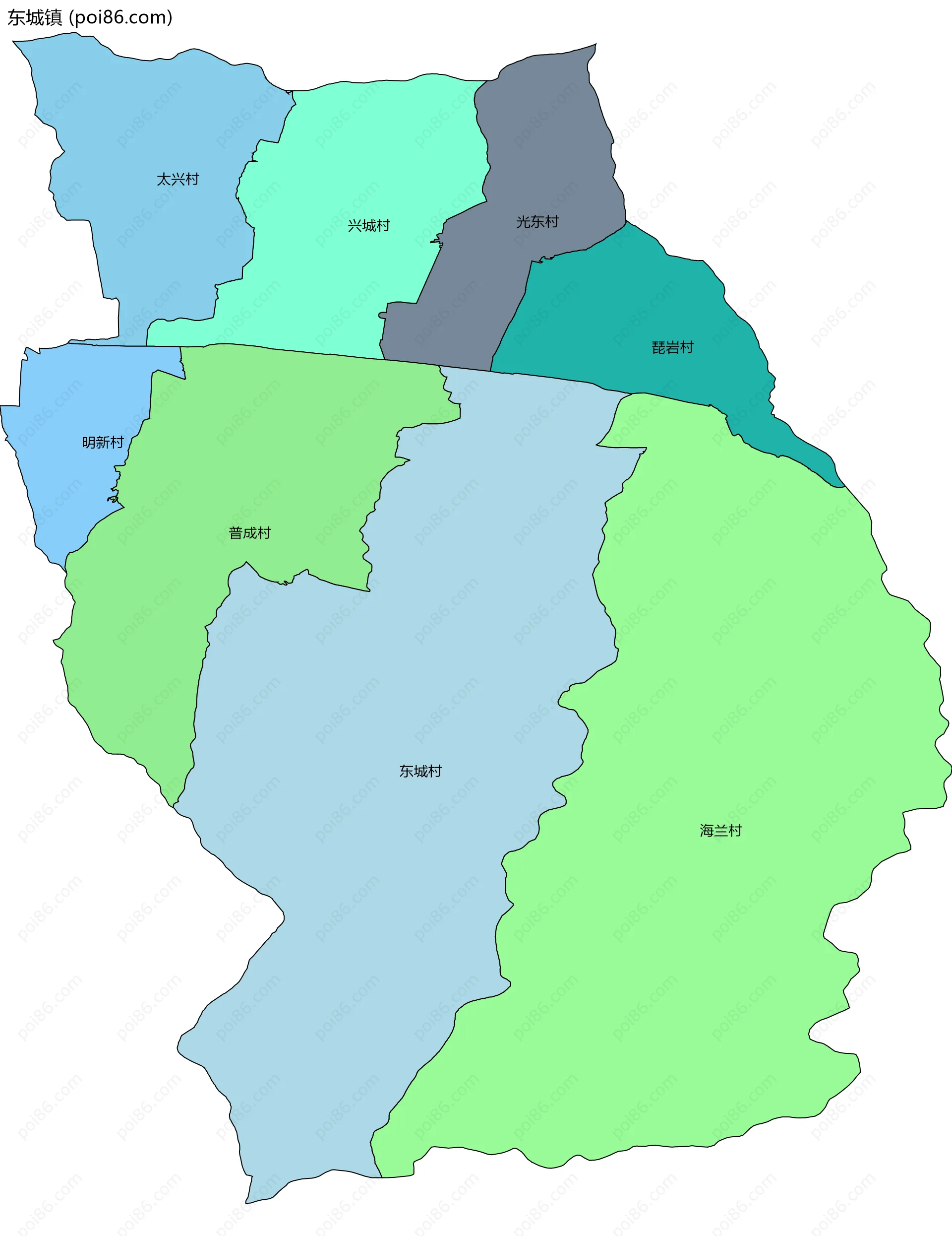 东城镇边界地图(五级行政区划)