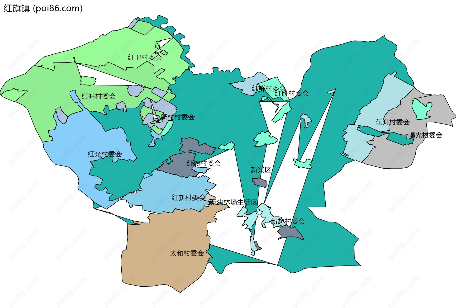 红旗镇边界地图(五级行政区划)