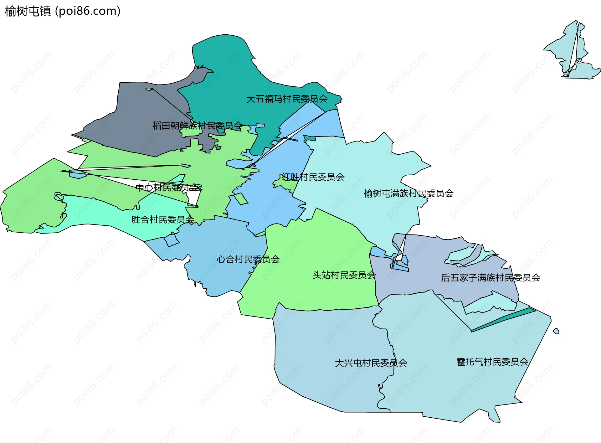 榆树屯镇边界地图(五级行政区划)