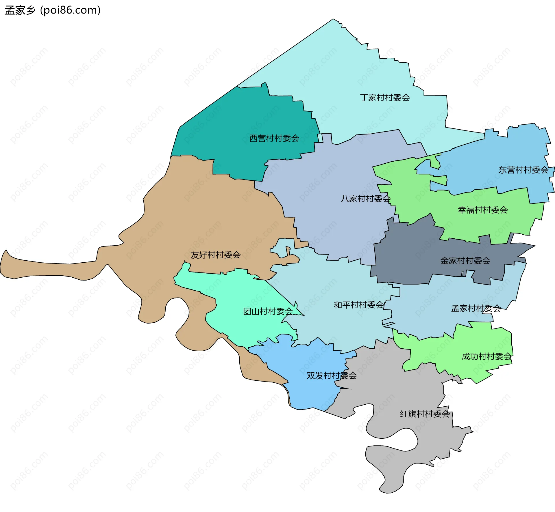 孟家乡边界地图(五级行政区划)