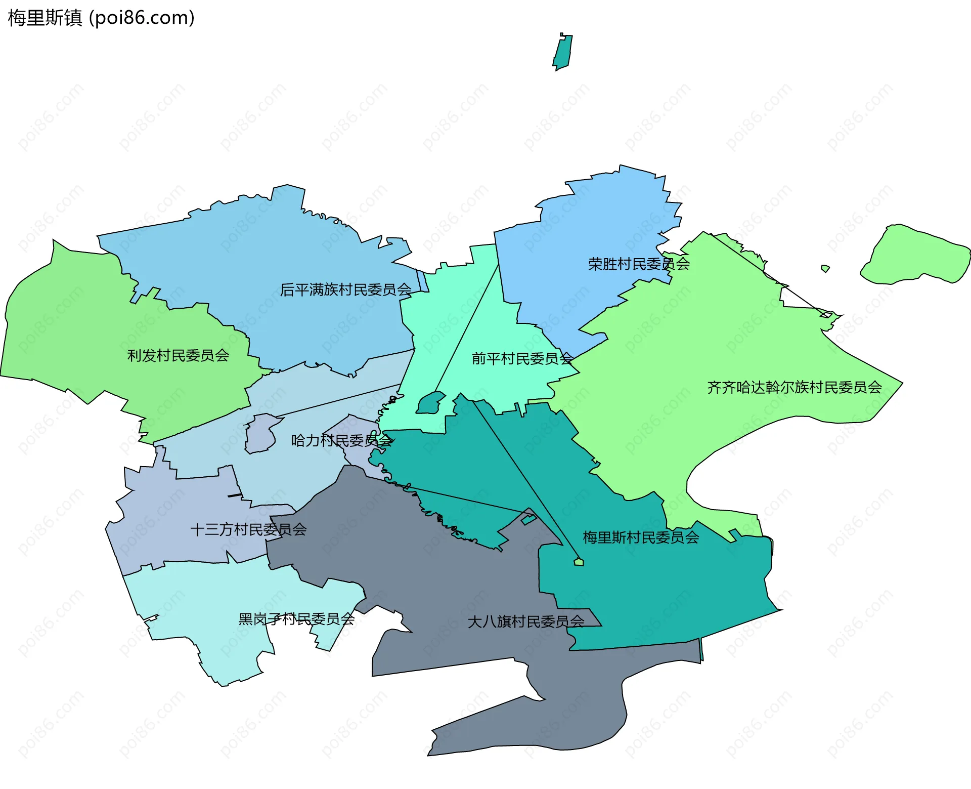 梅里斯镇边界地图(五级行政区划)