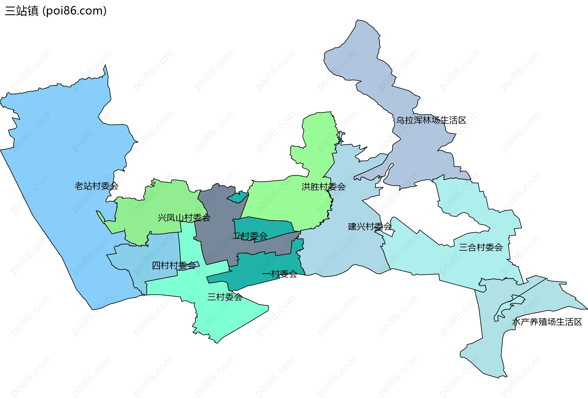 三站镇边界地图(五级行政区划)