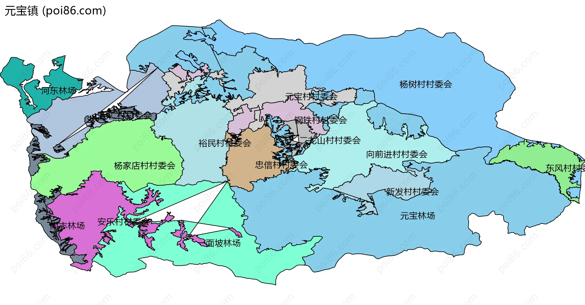 元宝镇边界地图(五级行政区划)