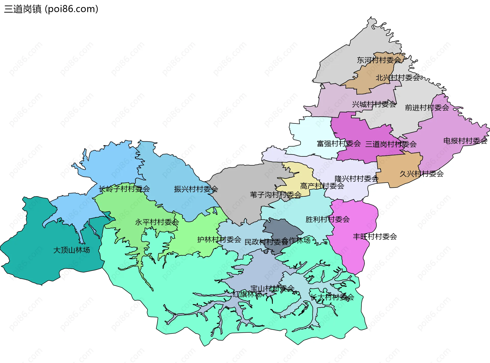 三道岗镇边界地图(五级行政区划)