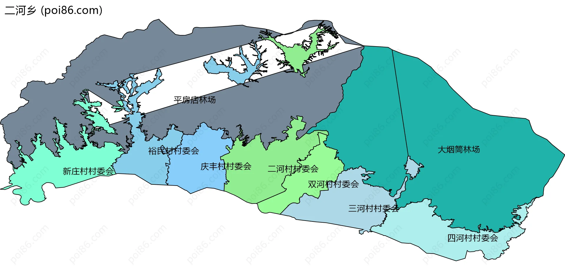 二河乡边界地图(五级行政区划)