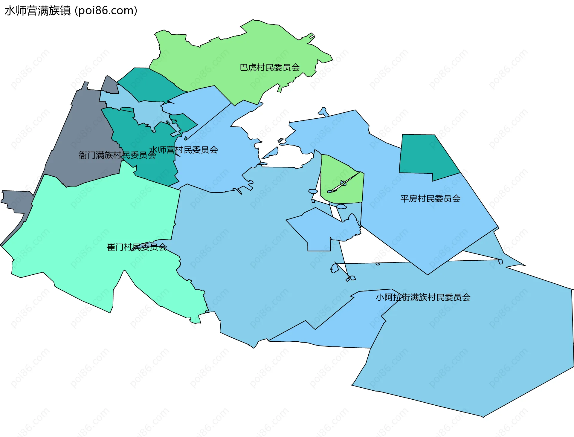 水师营满族镇边界地图(五级行政区划)