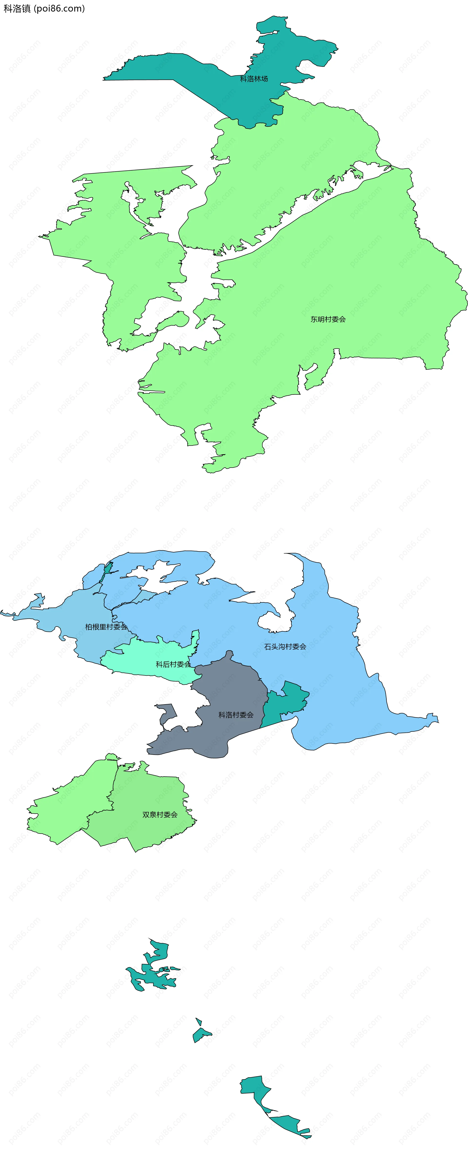 科洛镇边界地图(五级行政区划)