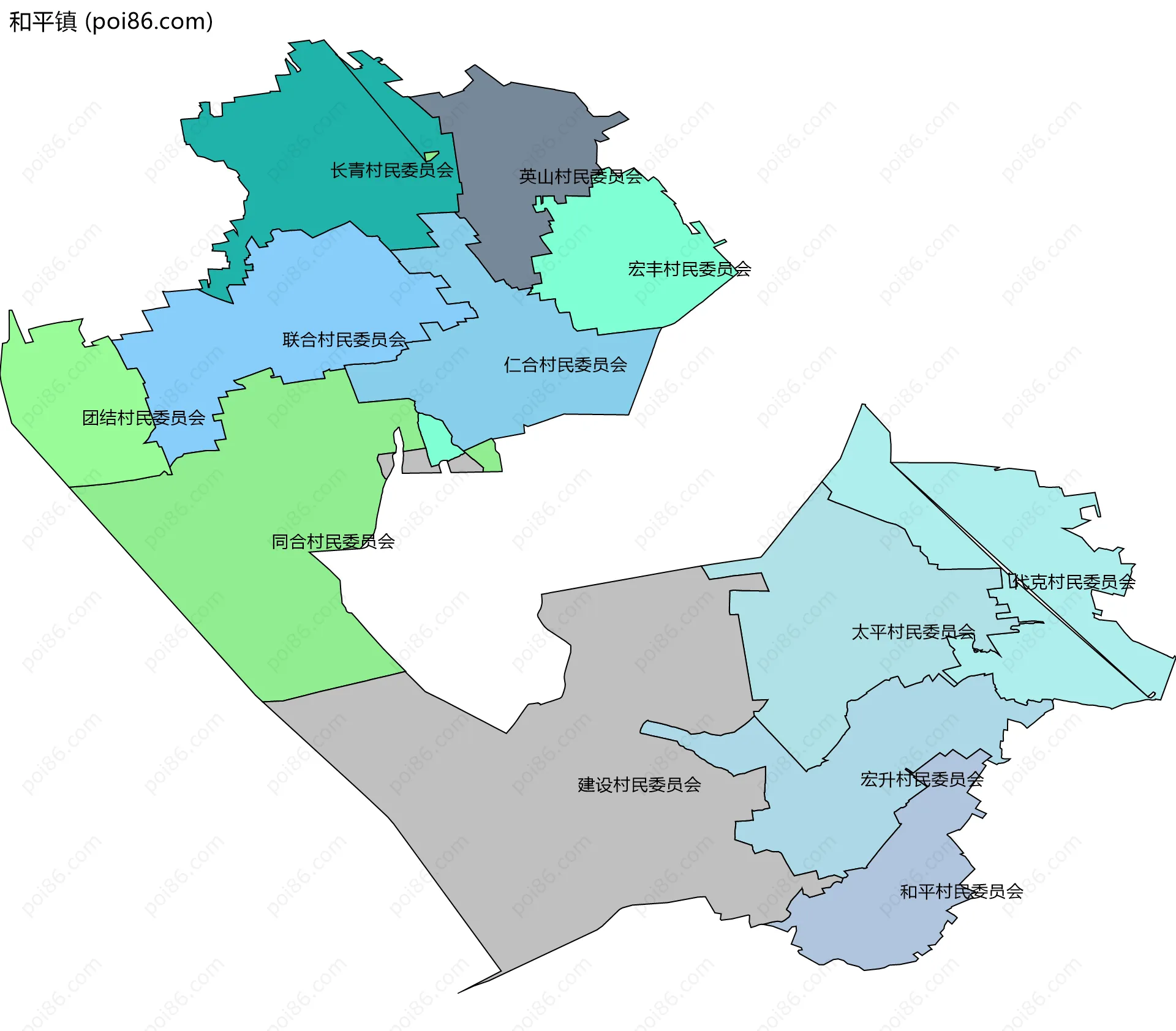 和平镇边界地图(五级行政区划)