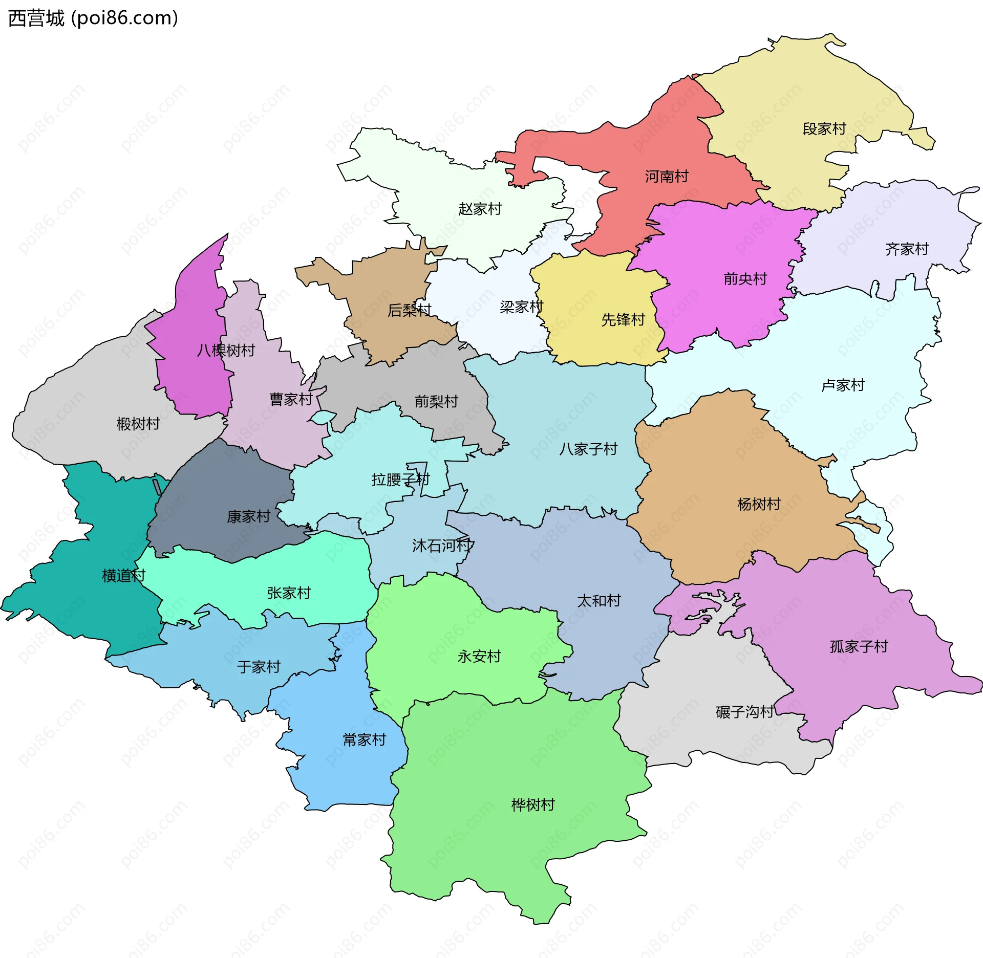 西营城边界地图(五级行政区划)