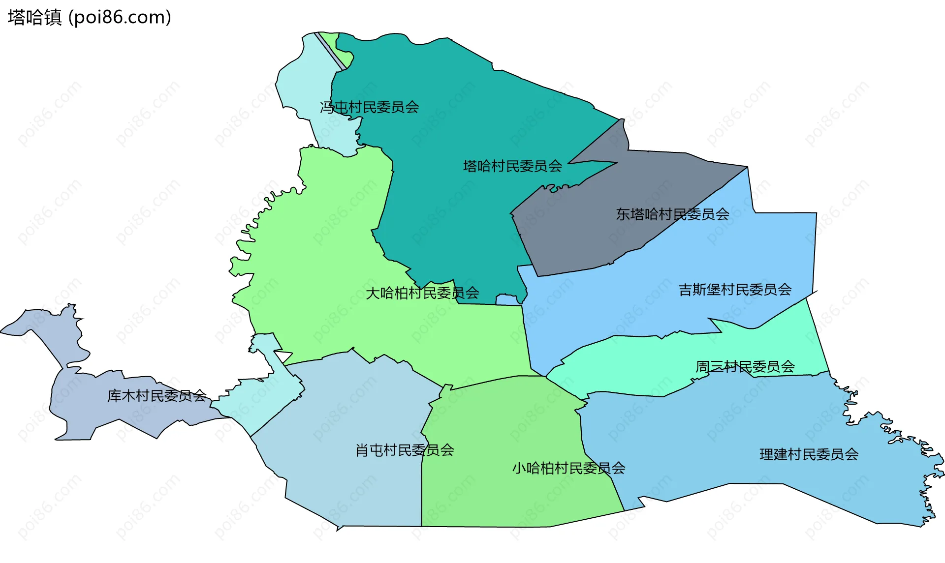 塔哈镇边界地图(五级行政区划)