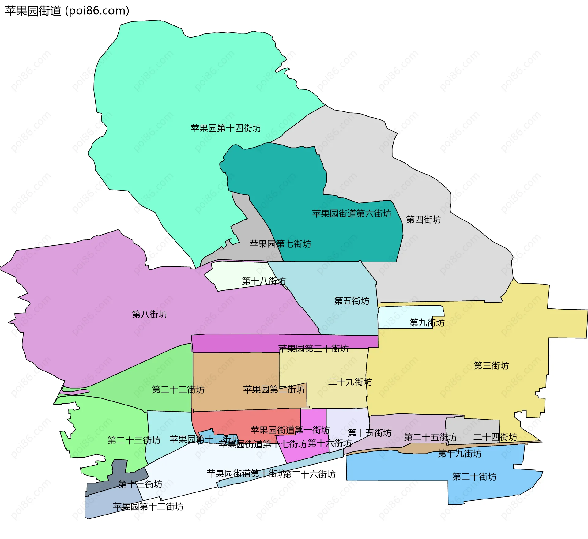 苹果园街道边界地图(五级行政区划)