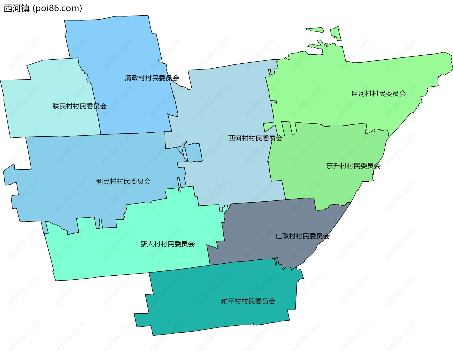 西河镇边界地图(五级行政区划)