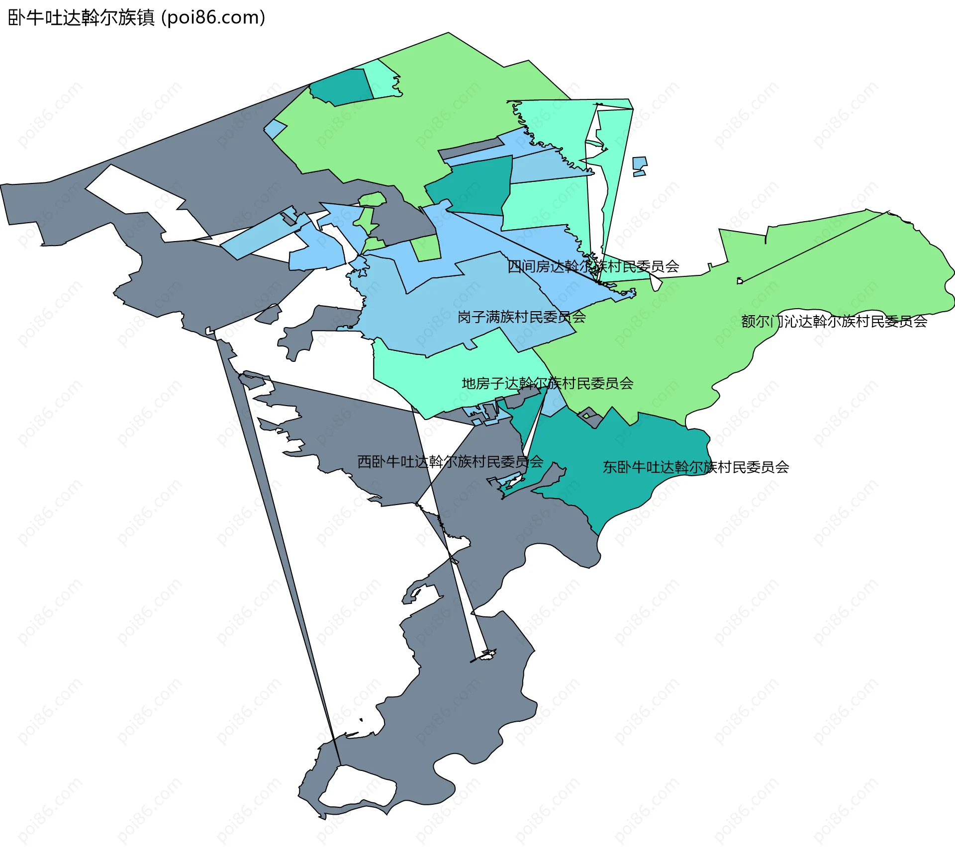 卧牛吐达斡尔族镇边界地图(五级行政区划)