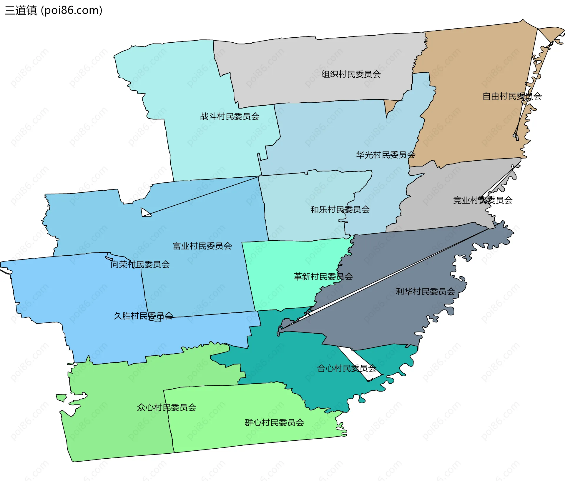 三道镇边界地图(五级行政区划)