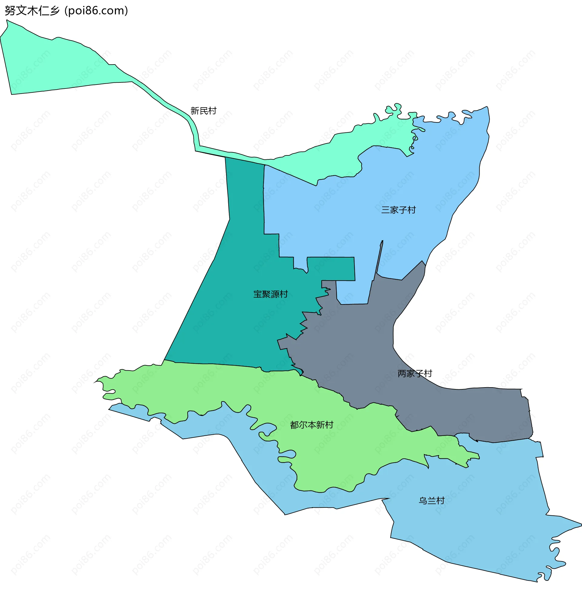 努文木仁乡边界地图(五级行政区划)