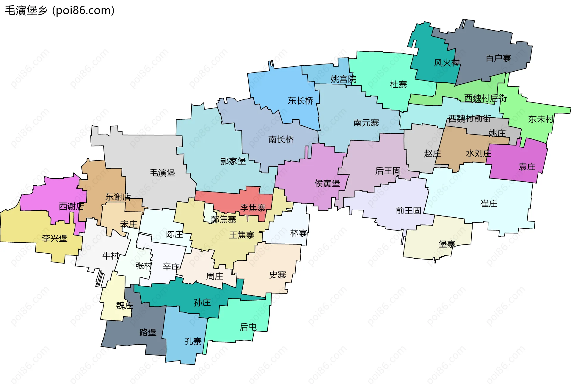 毛演堡乡边界地图(五级行政区划)