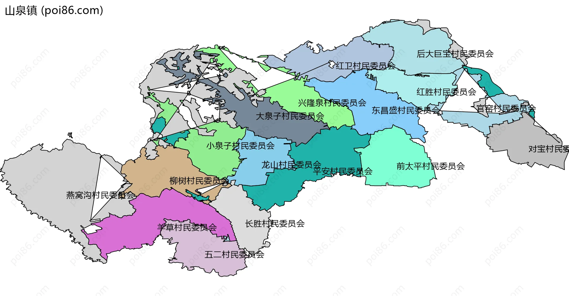 山泉镇边界地图(五级行政区划)