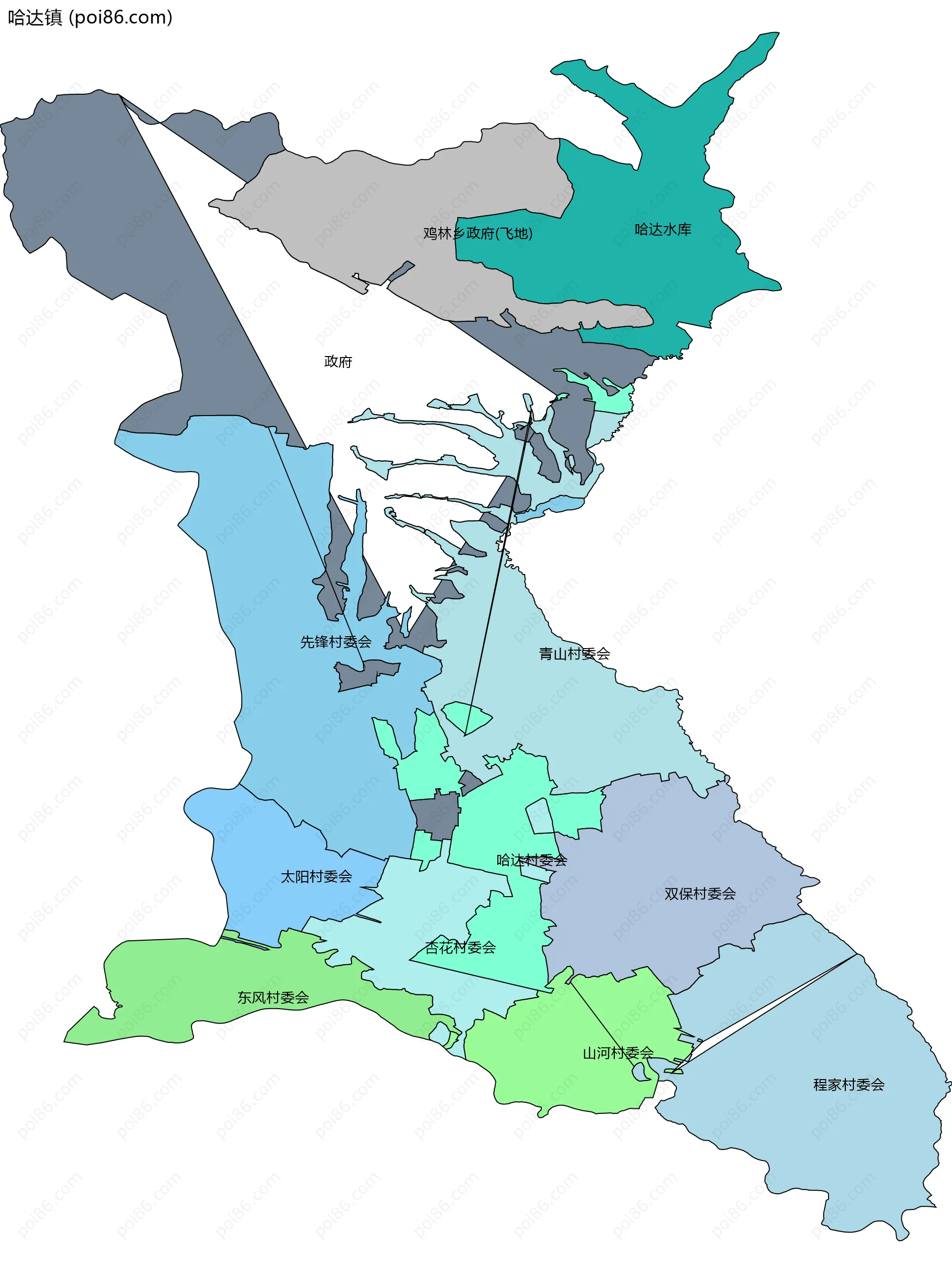哈达镇边界地图(五级行政区划)