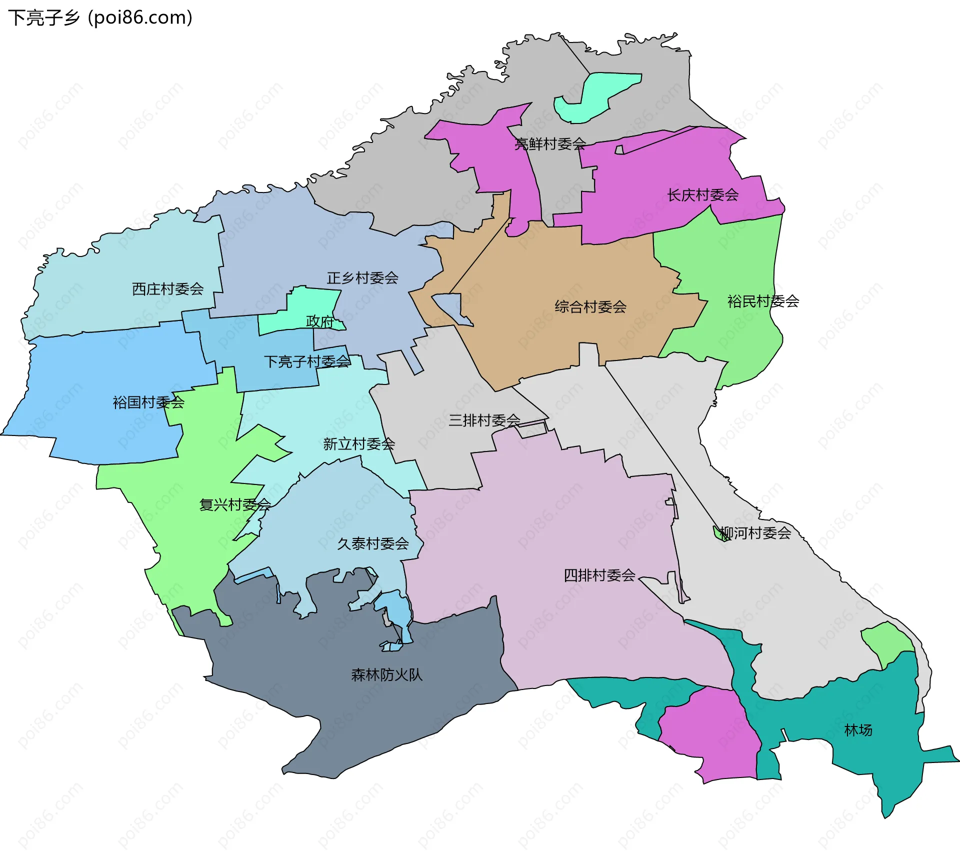 下亮子乡边界地图(五级行政区划)