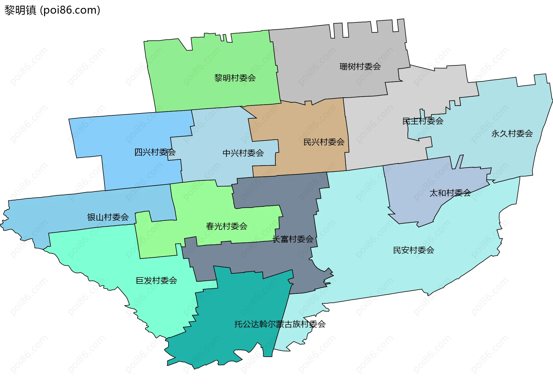 黎明镇边界地图(五级行政区划)