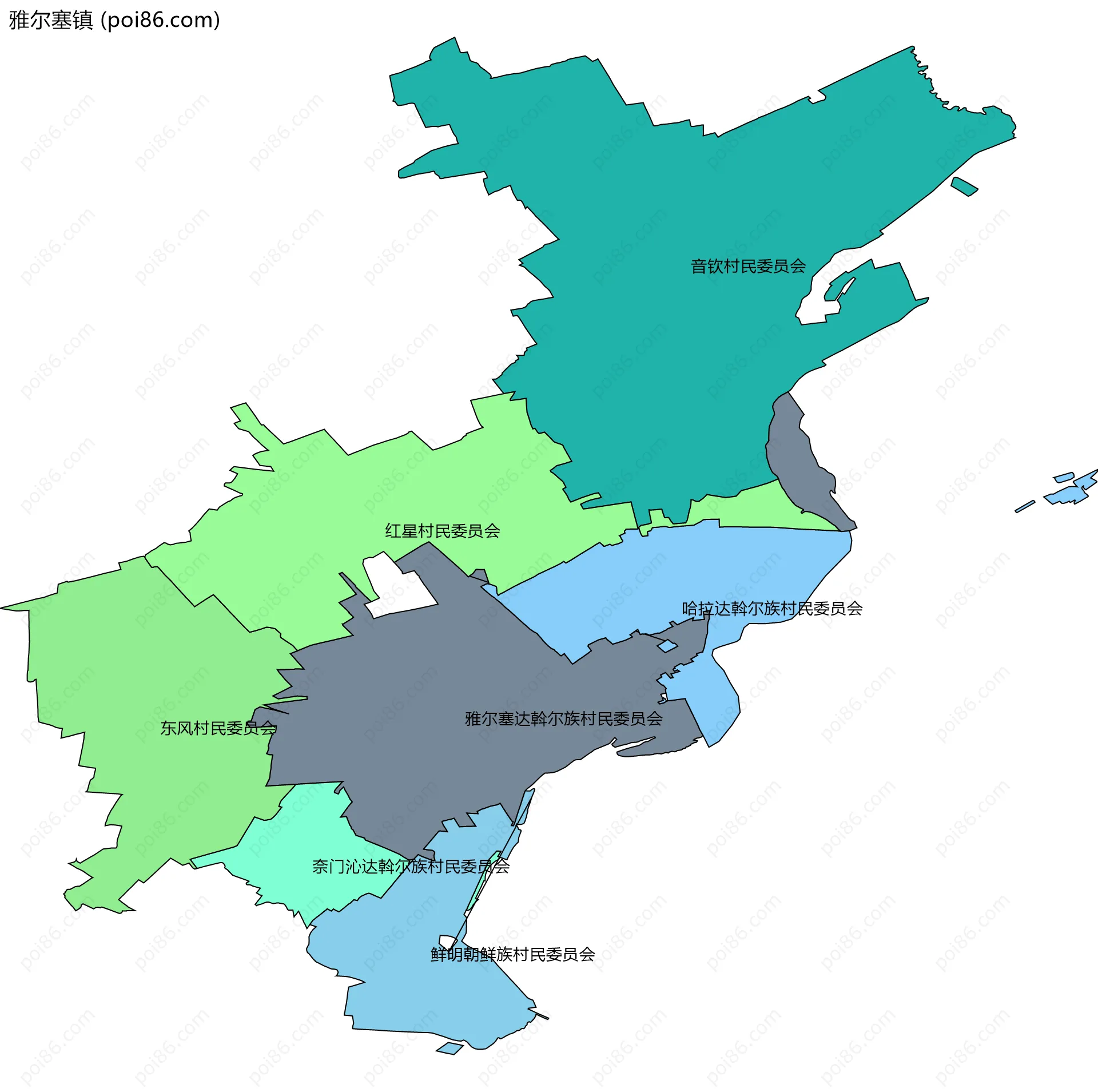 雅尔塞镇边界地图(五级行政区划)