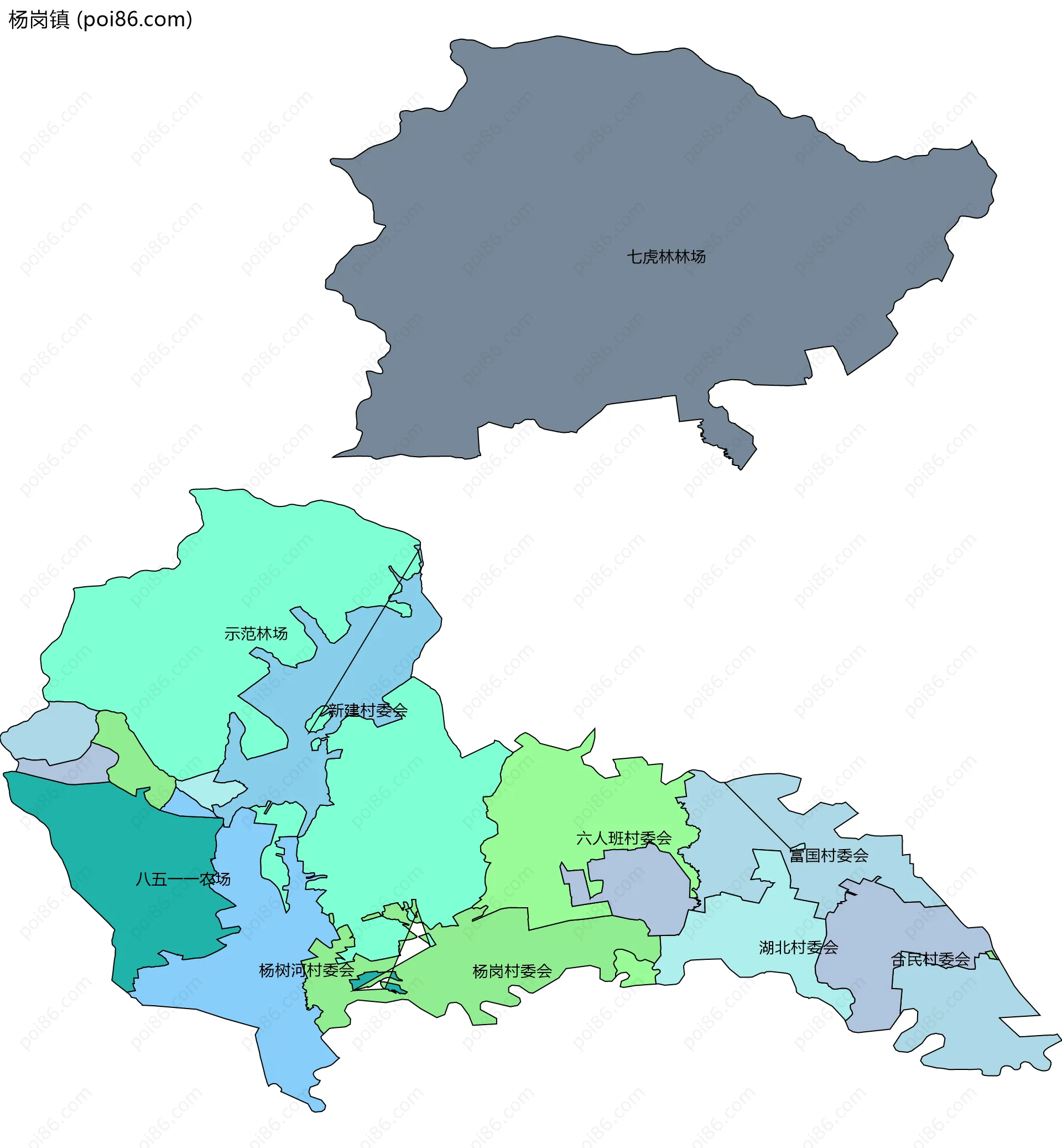 杨岗镇边界地图(五级行政区划)