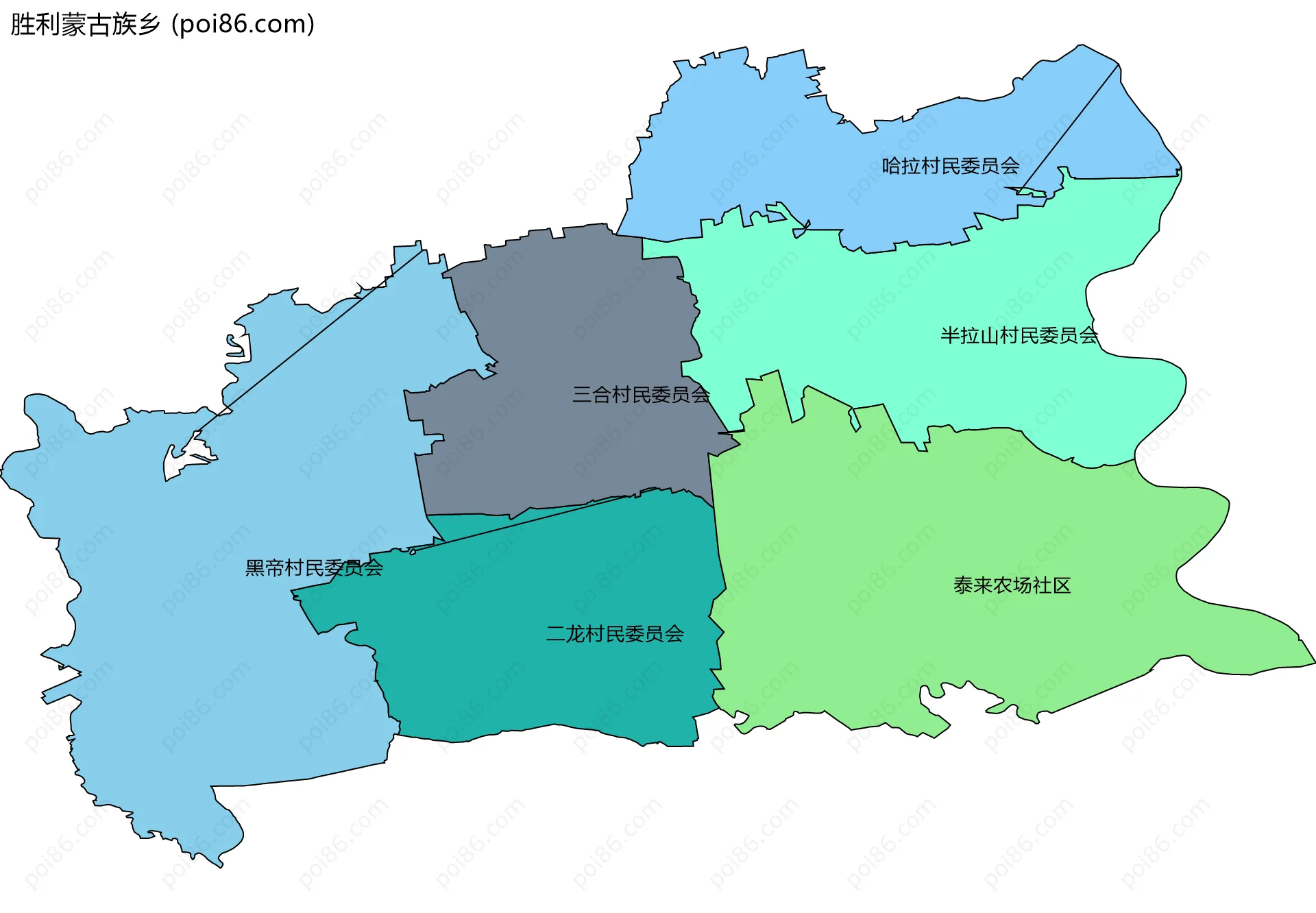 胜利蒙古族乡边界地图(五级行政区划)