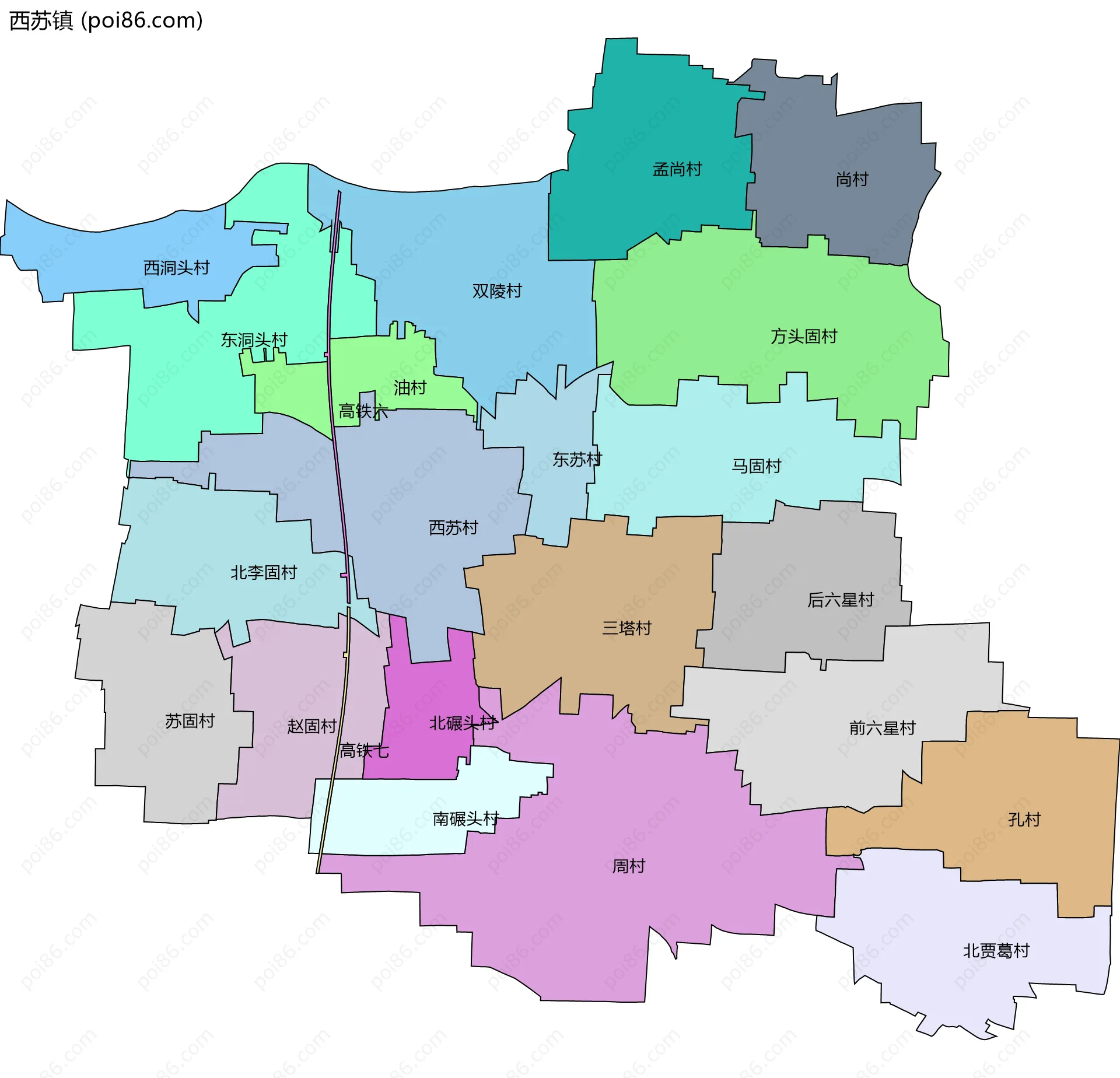 西苏镇边界地图(五级行政区划)