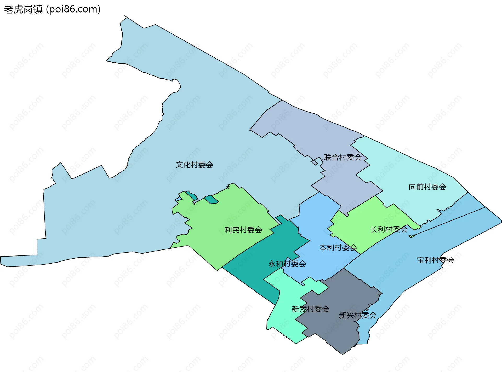 老虎岗镇边界地图(五级行政区划)