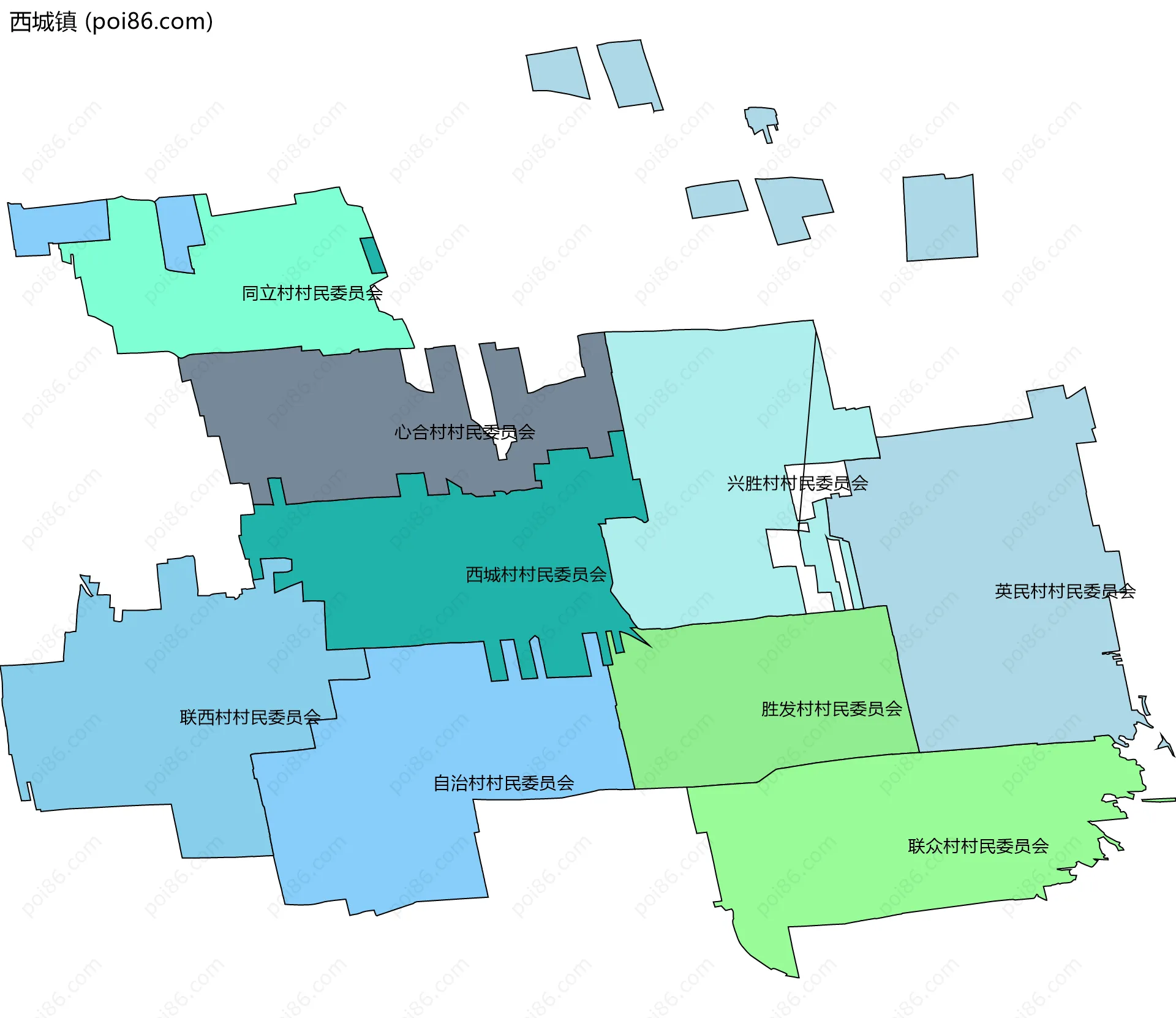 西城镇边界地图(五级行政区划)