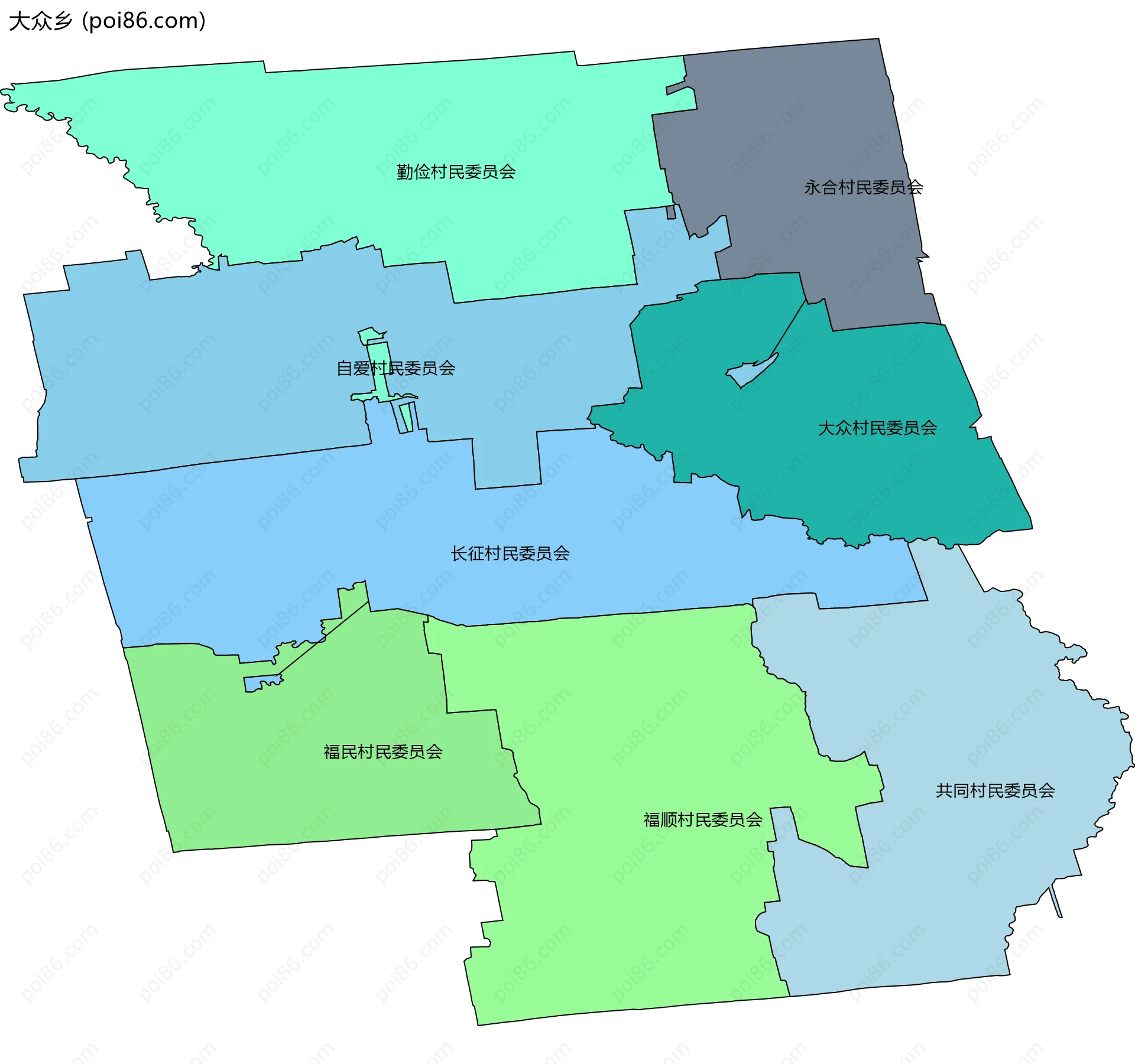 大众乡边界地图(五级行政区划)