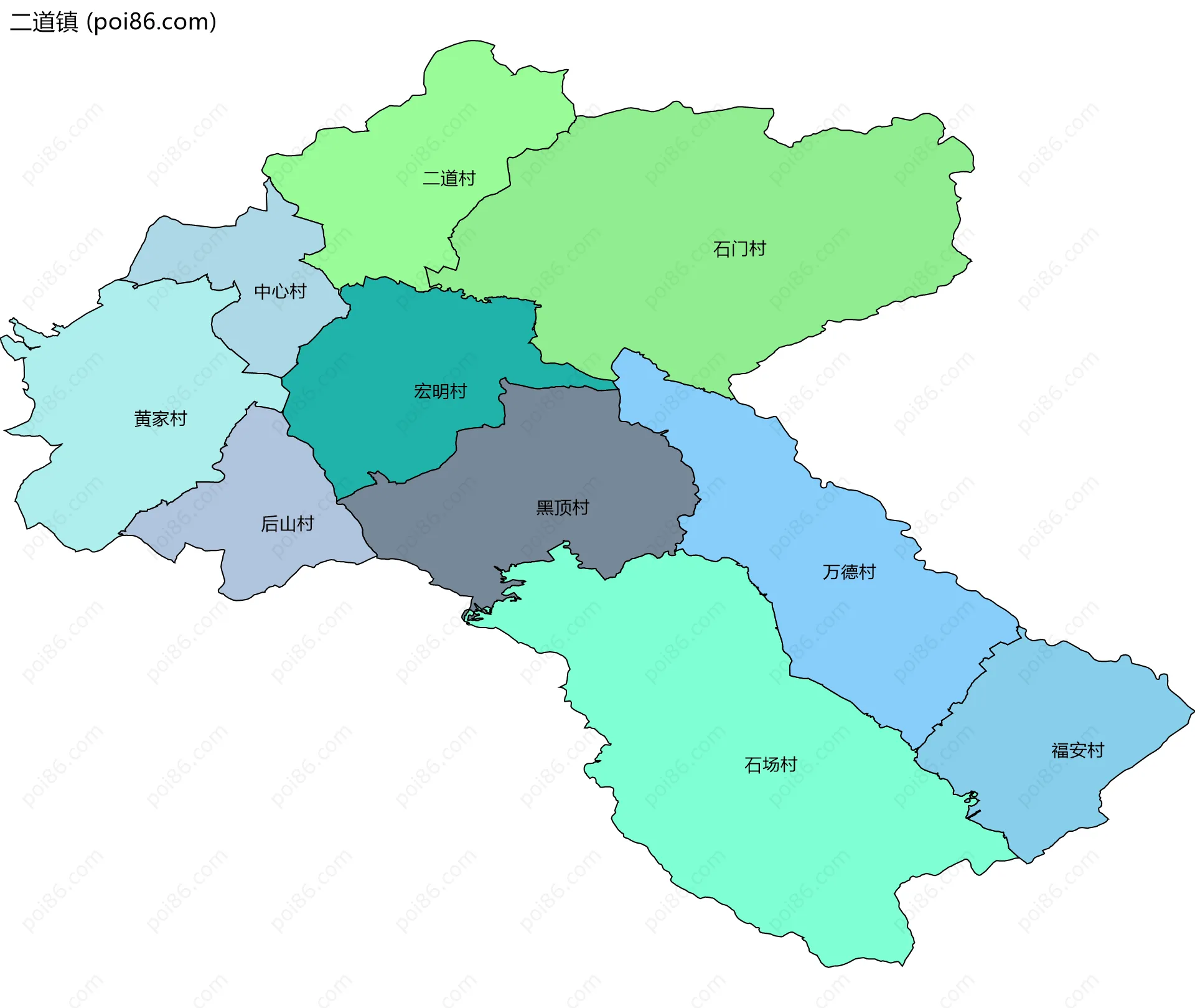 二道镇边界地图(五级行政区划)