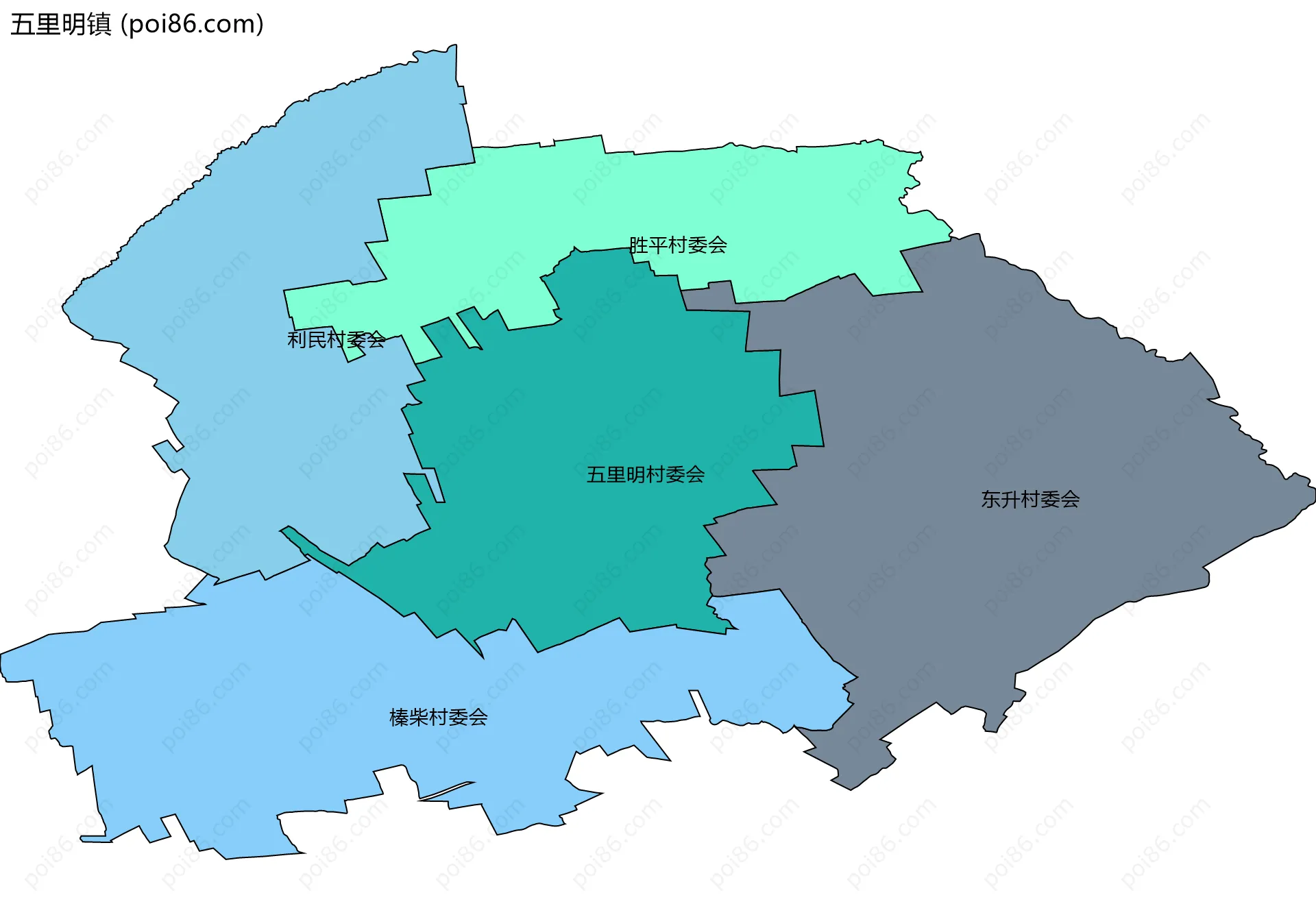 五里明镇边界地图(五级行政区划)