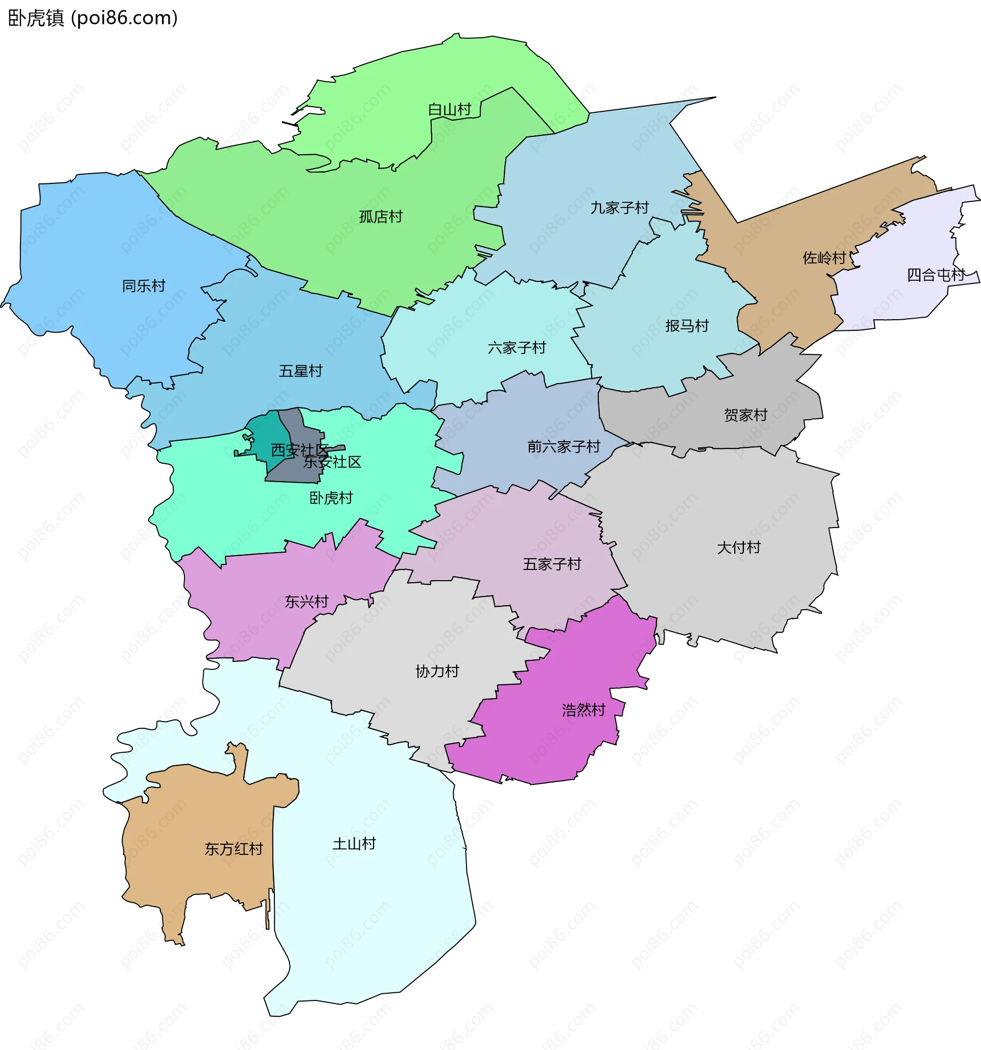 卧虎镇边界地图(五级行政区划)