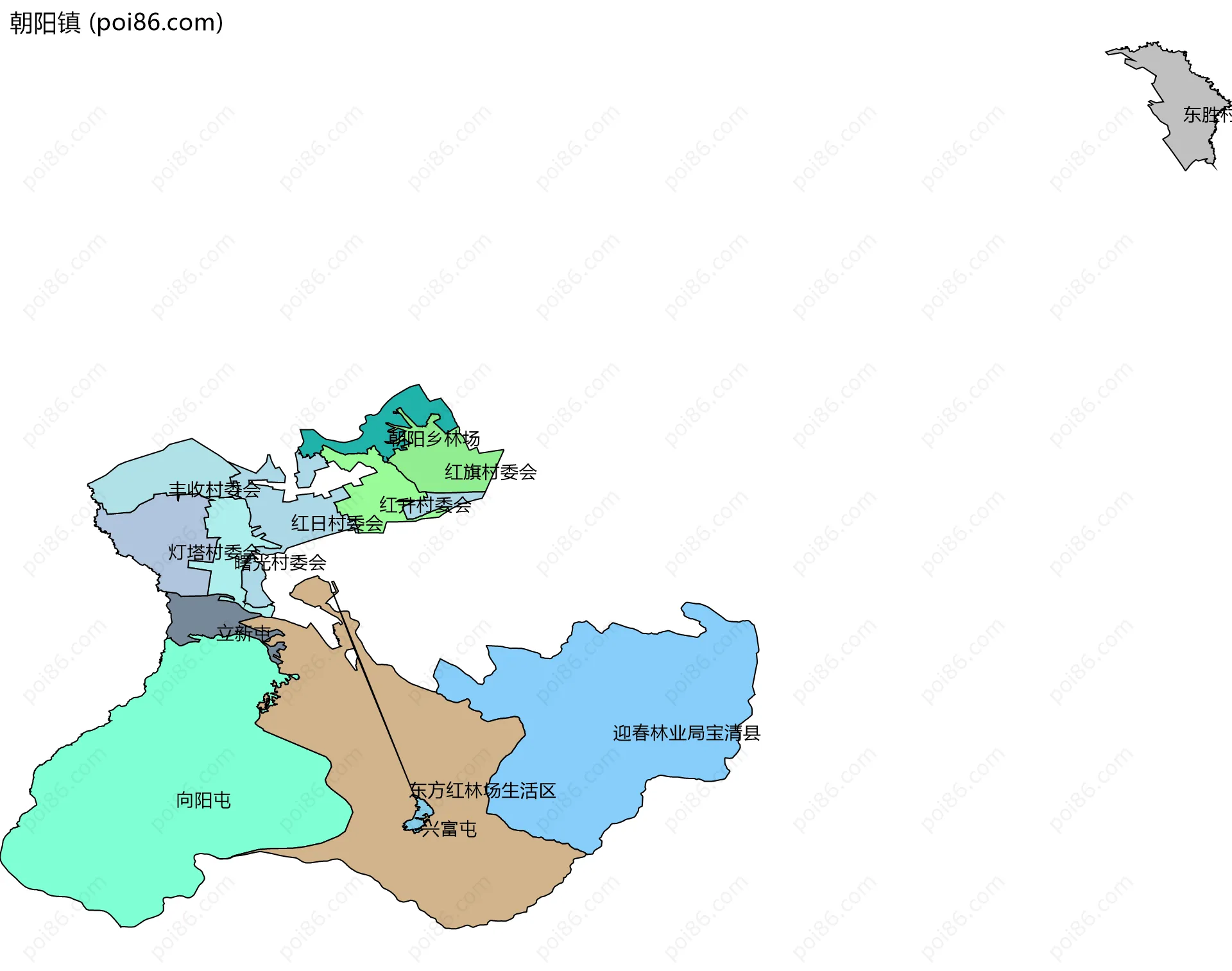 朝阳镇边界地图(五级行政区划)