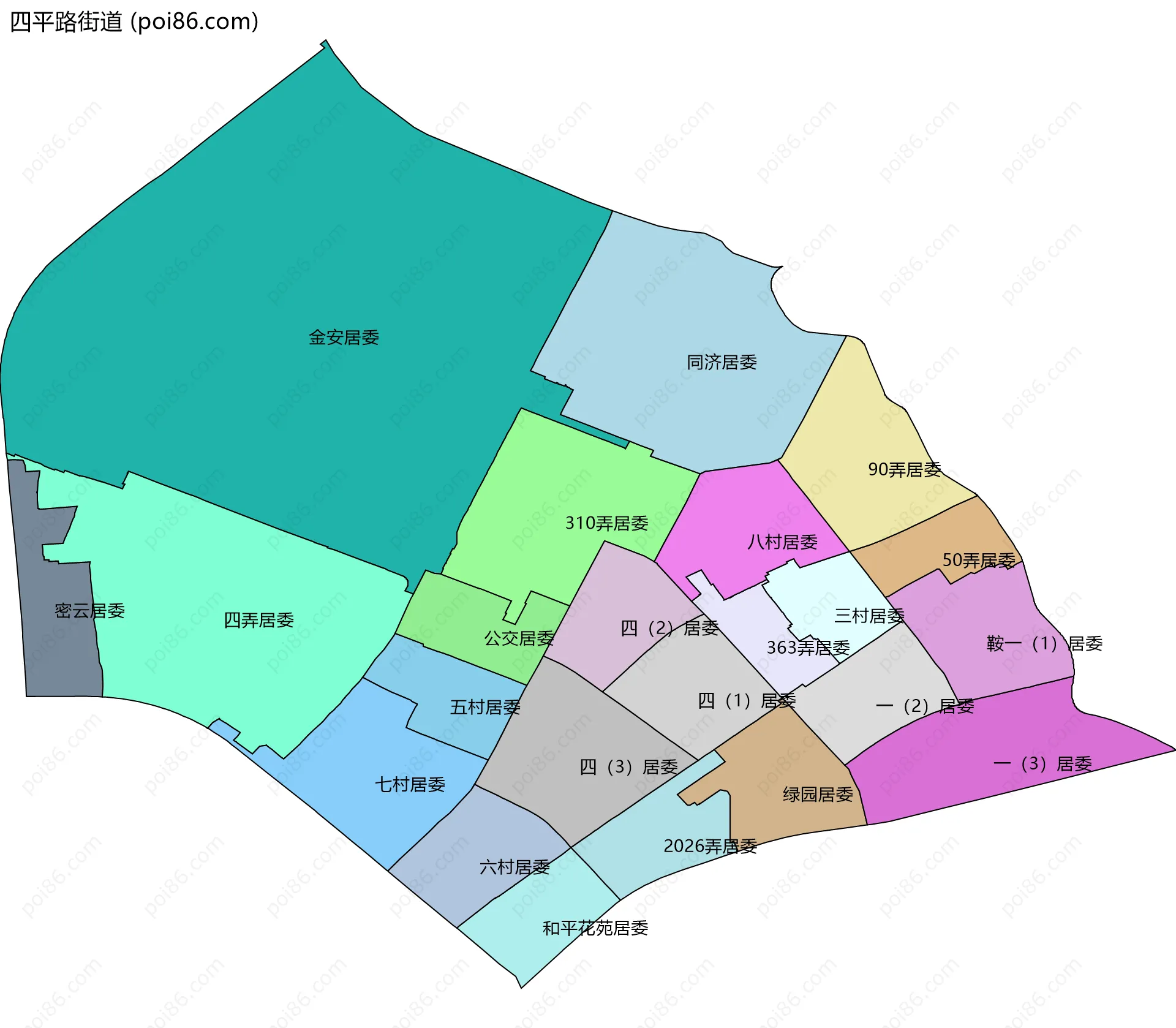 四平路街道边界地图(五级行政区划)